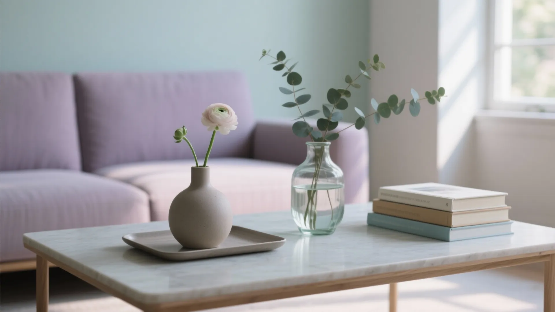 Modern marble coffee table with small flower vase green plant glass bottle and stacked books