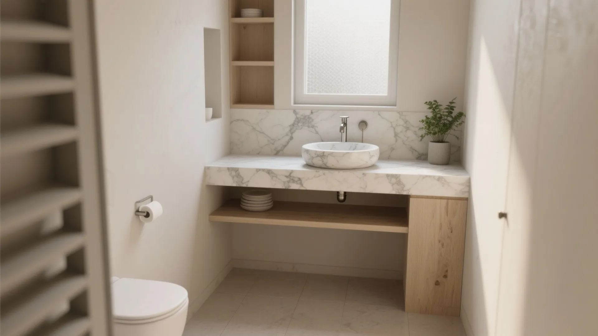 Small modern bathroom with marble sink counter wooden shelves white toilet and bright natural window light