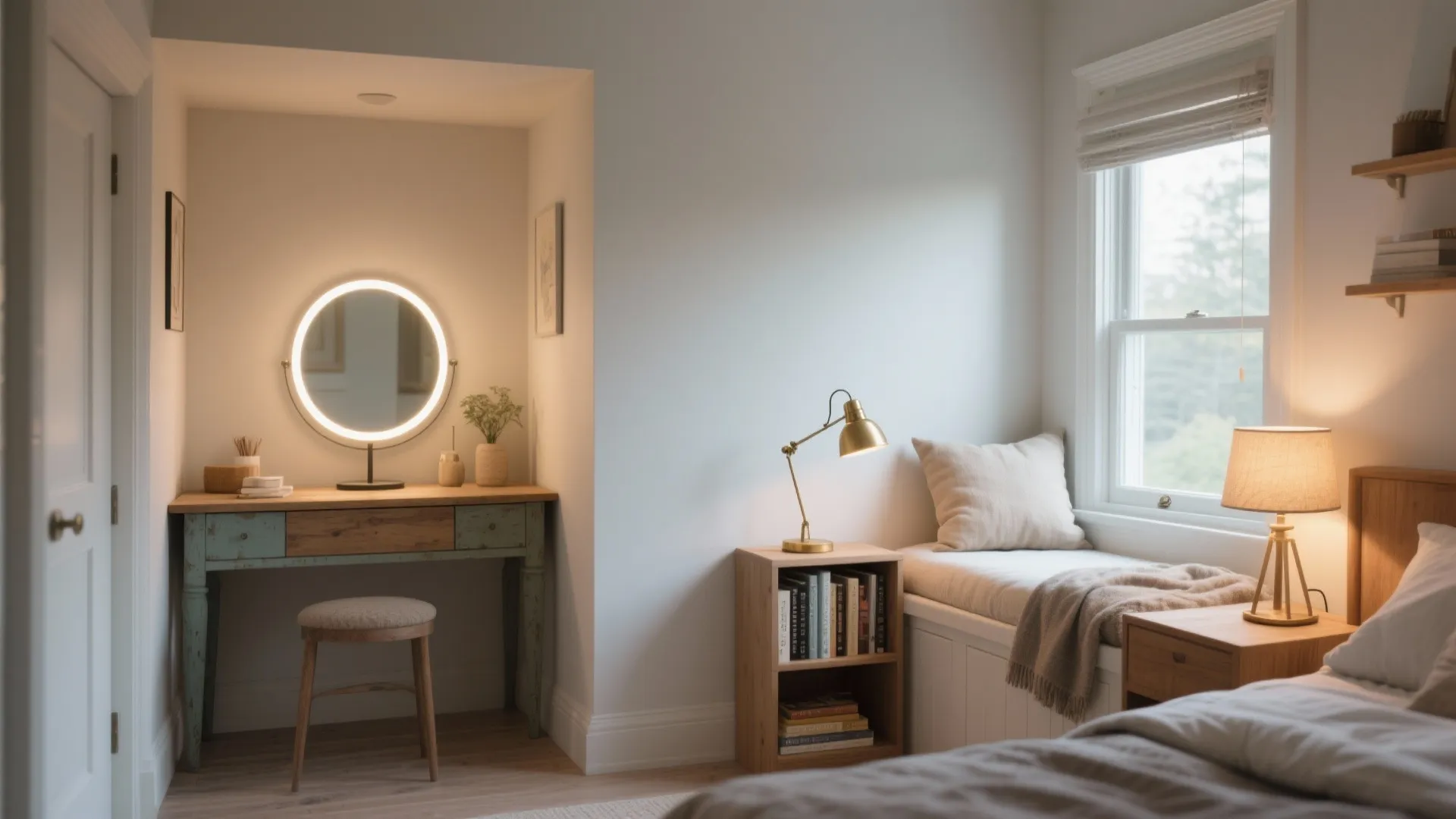 Warm bedroom with lighted mirror over wooden desk and window seat with pillows and lamps