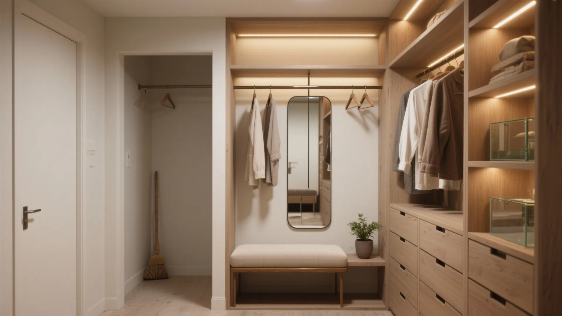 Small walk-in closet with wooden shelves, hanging clothes, floor mirror, cushioned bench, and warm lighting