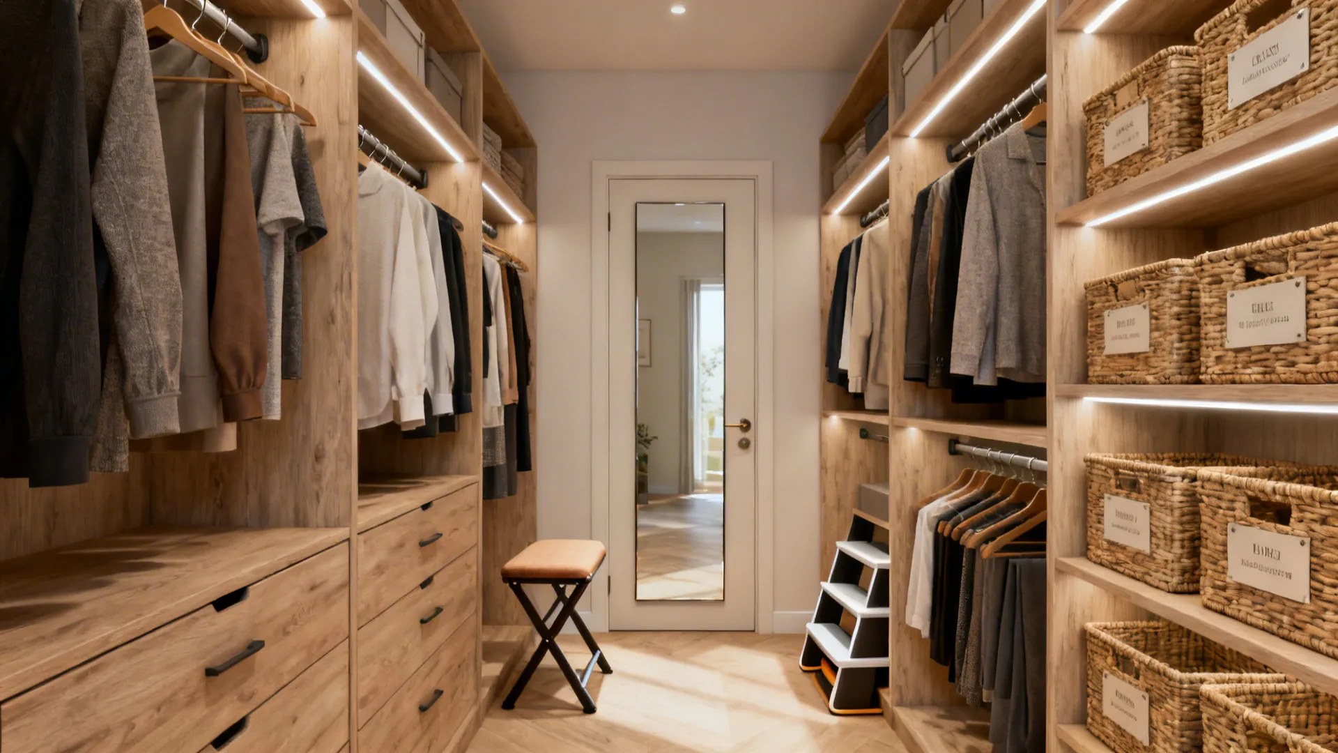 Modern walk in closet with wood cabinets hanging clothes storage baskets a footrest and mirror