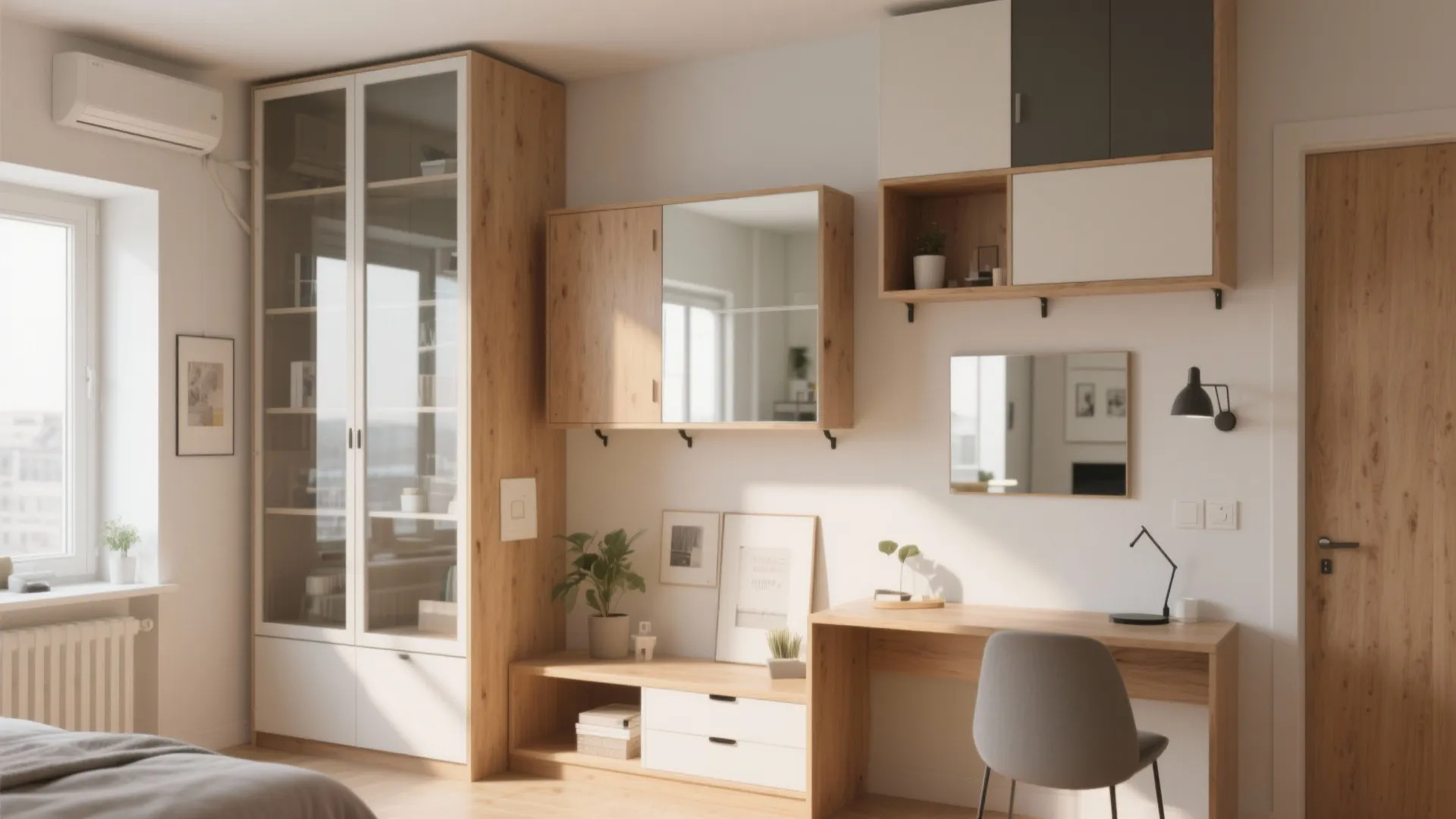 Bright bedroom interior with wooden desk glass cabinet white wall shelves and a grey chair