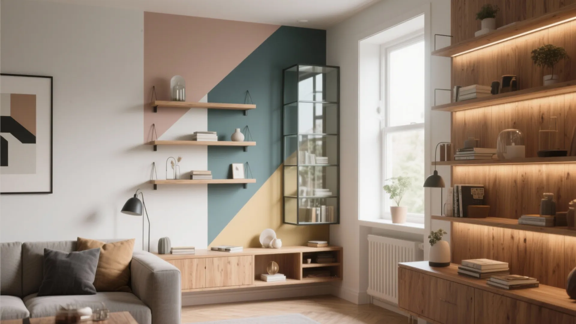 Modern living room corner showing colorful wall paint design with wooden shelves and glass cabinet