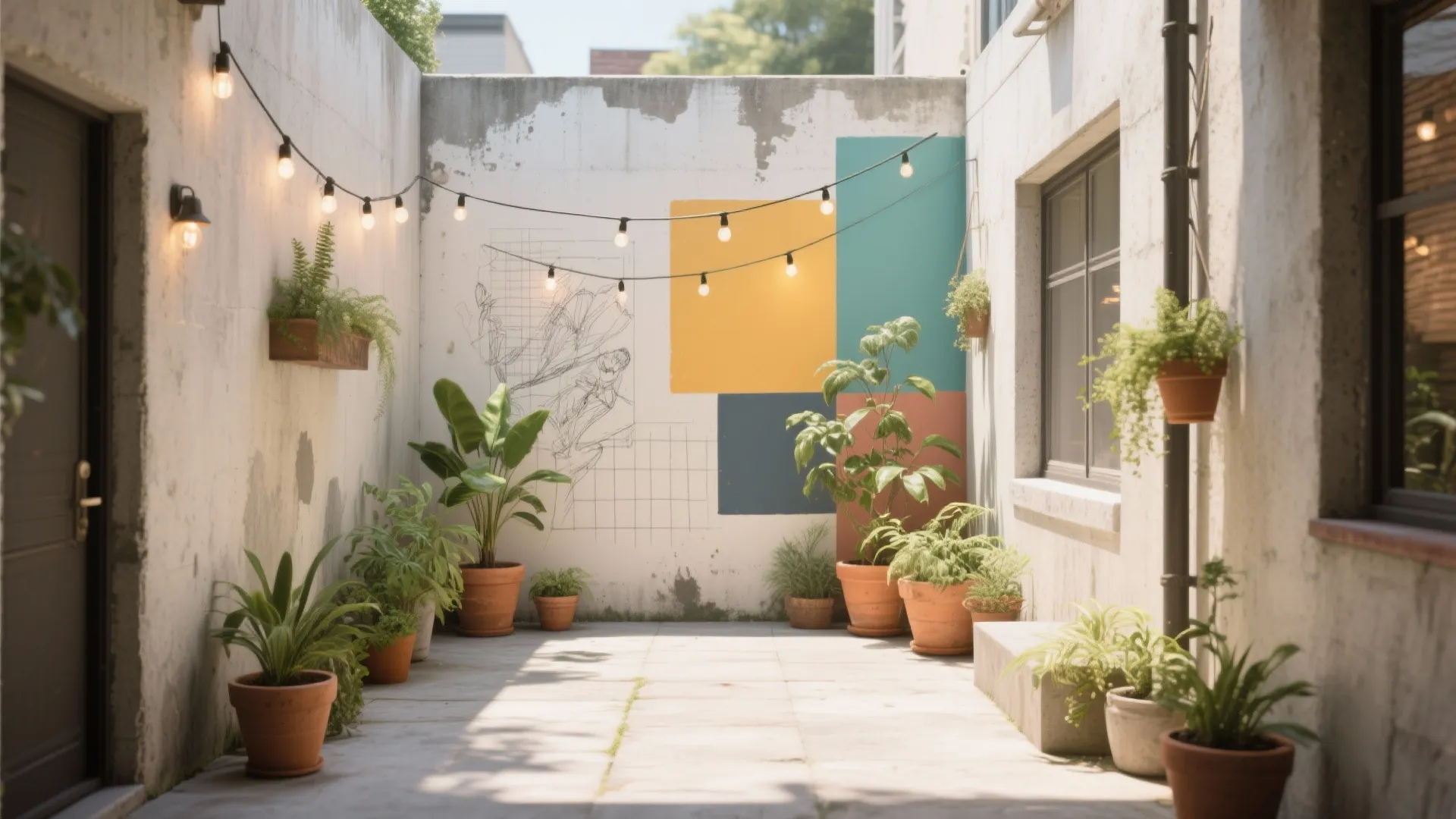 Small outdoor patio with green plants in pots and hanging string lights on a white wall