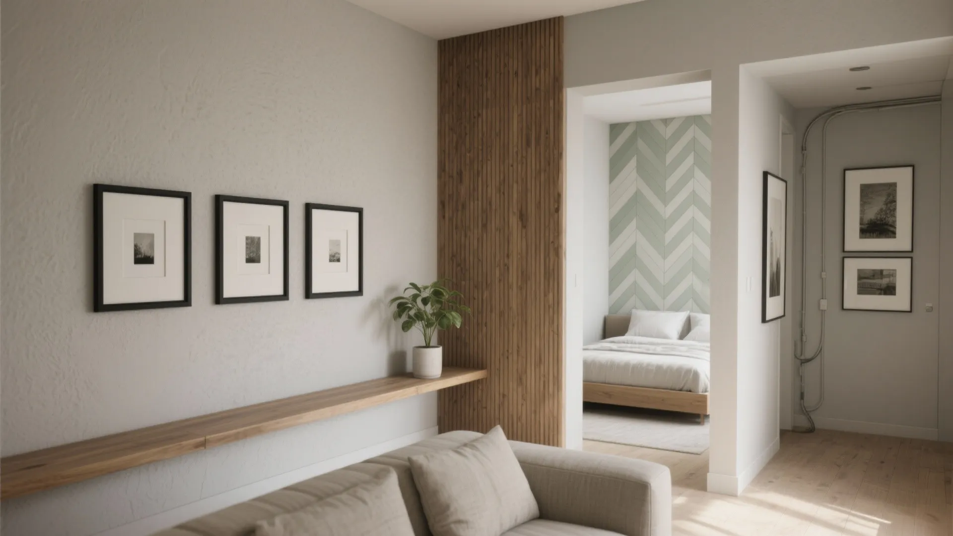 Modern living room with beige sofa wood wall panel picture frames and view into bedroom