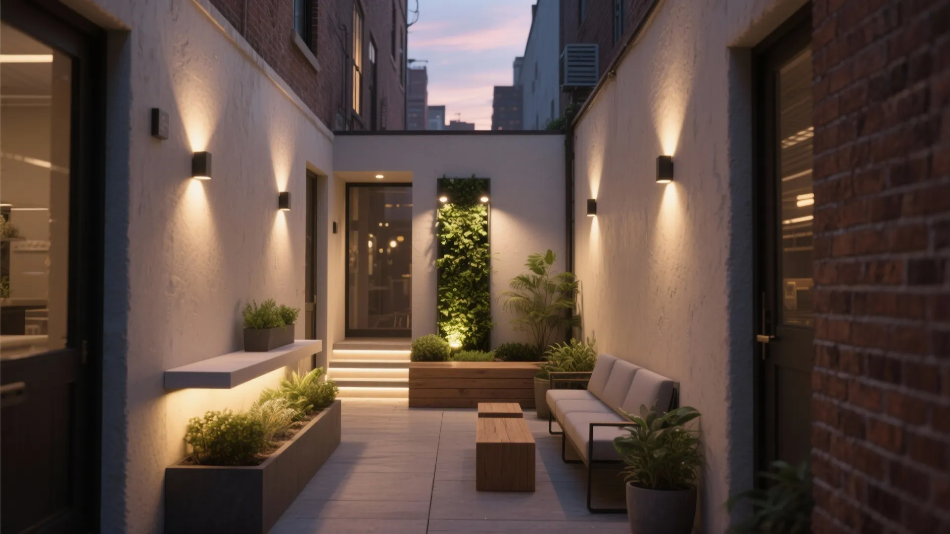 Modern outdoor patio with wall lights, sofa, wooden bench, green plants, and warm evening lighting