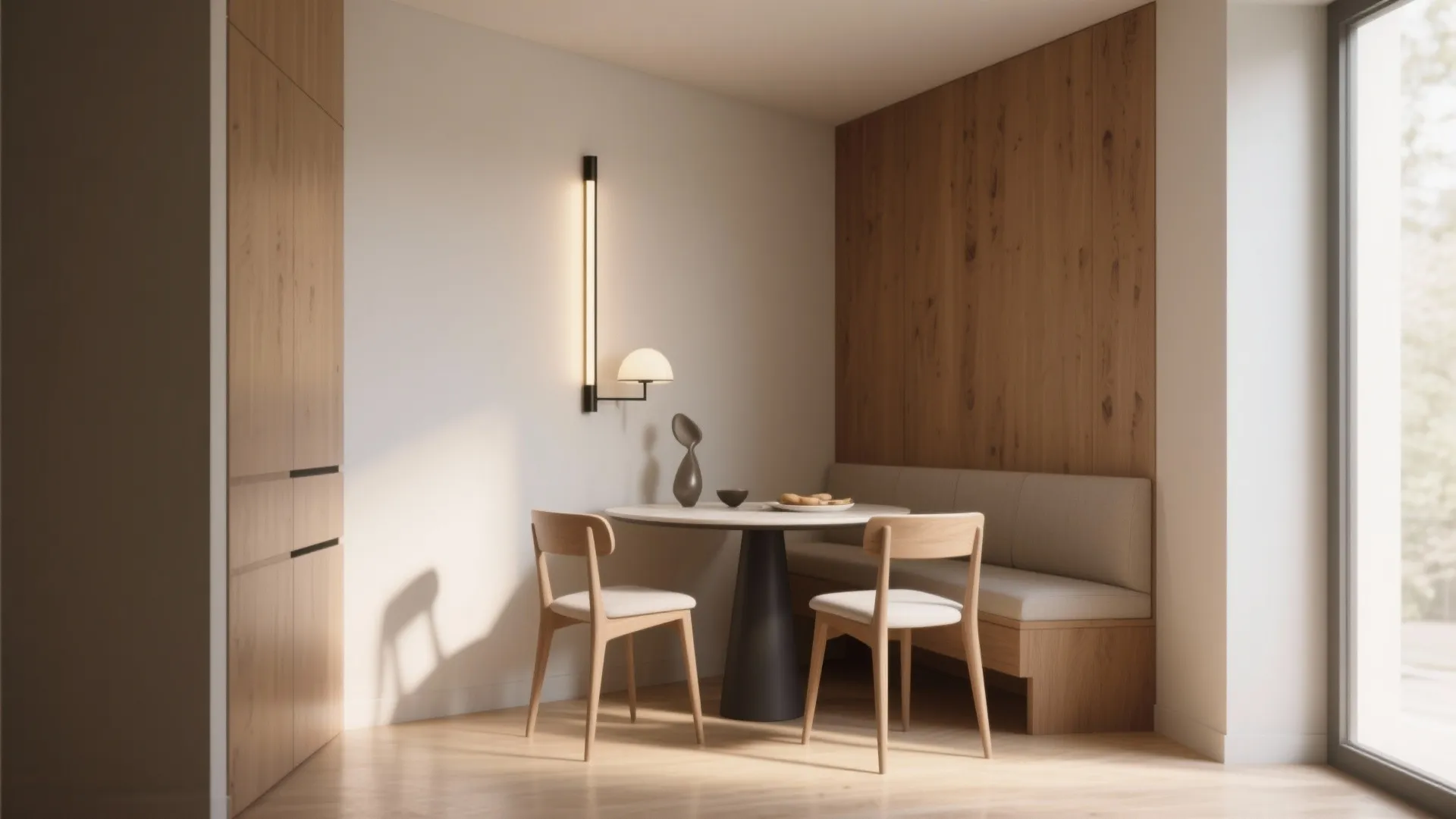 Minimalist dining area with wooden wall panel bench seating round table and black wall light