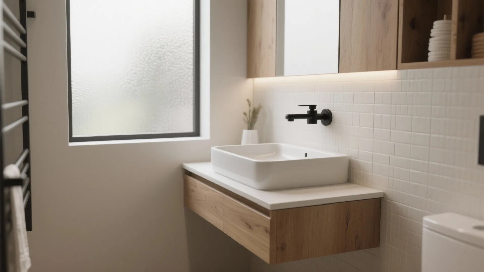 Modern bathroom with white vessel sink on wooden floating cabinet under black wall light fixture