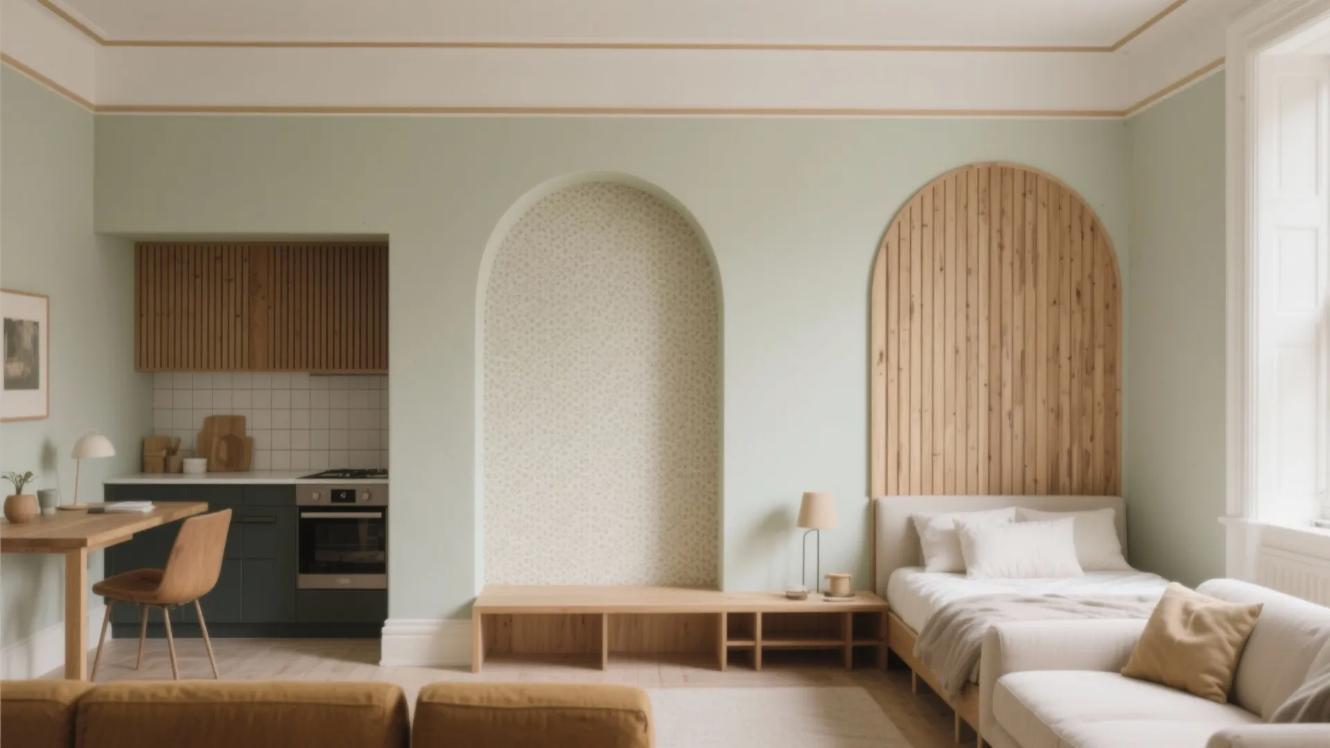 Modern studio apartment with green walls, wooden arch features, bed, small kitchen, and dining table