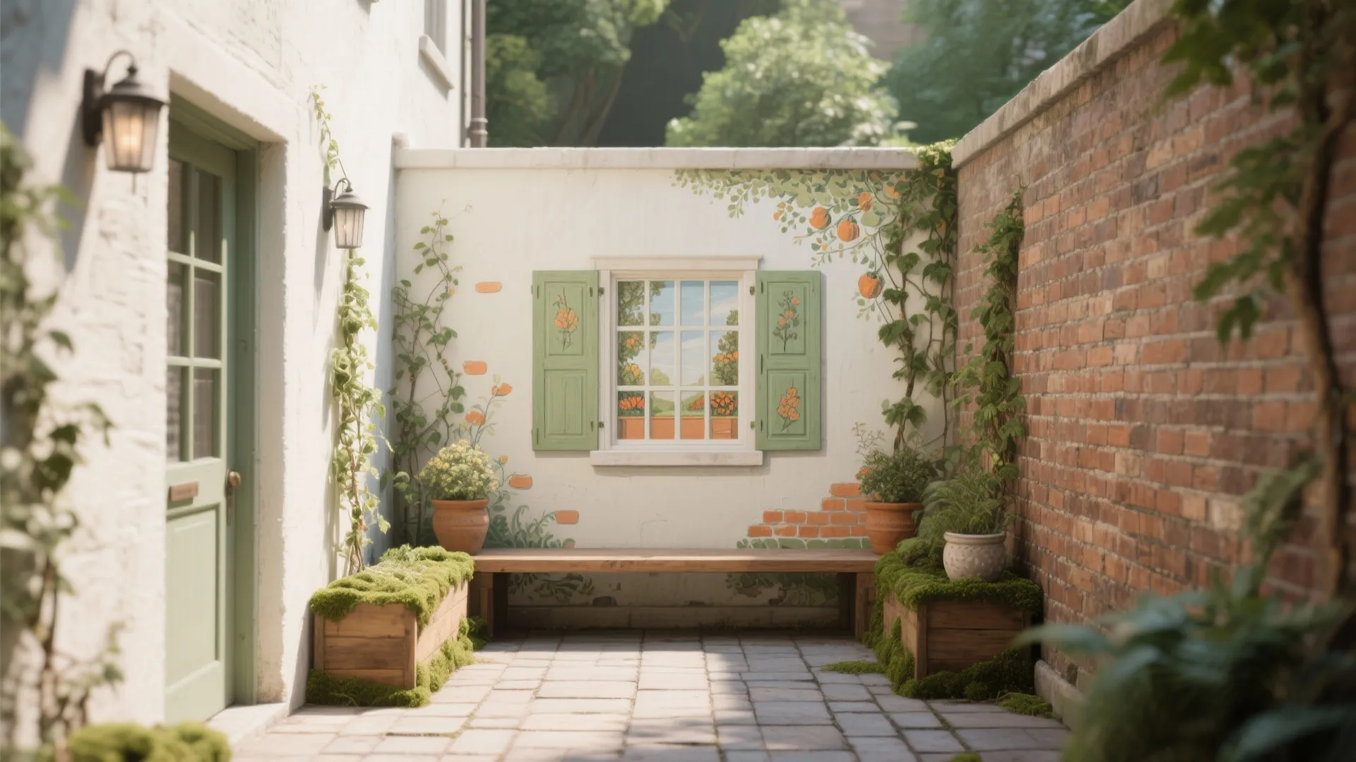 Small outdoor courtyard with wooden bench green door brick wall and window with green shutters