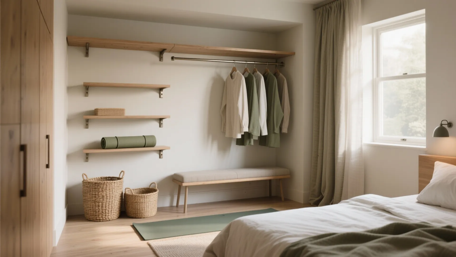 Minimalist bedroom featuring wooden wall shelves hanging clothes woven baskets and a green yoga mat