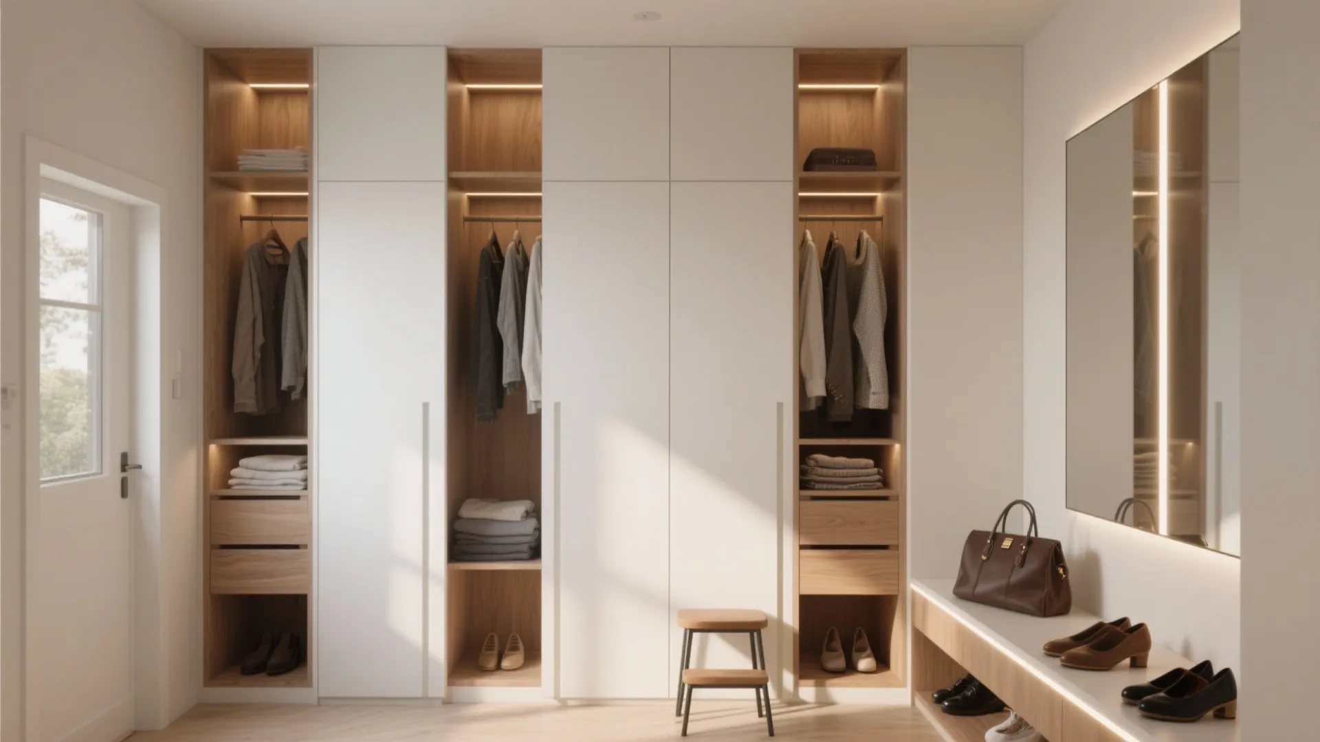 Modern white and wood built-in wardrobe with open shelves hanging clothes and built-in light fixtures