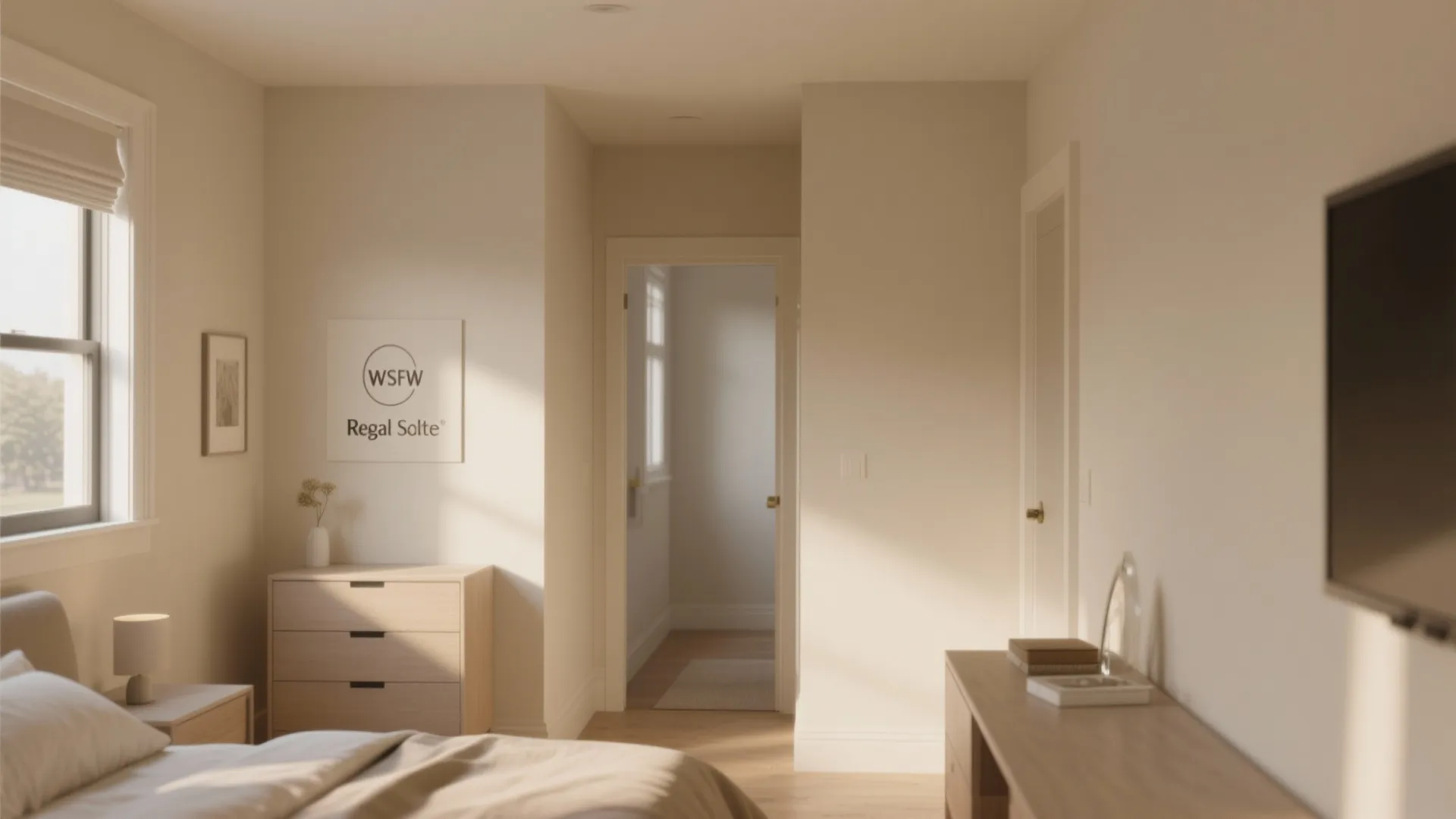 Minimalist bedroom with beige walls wooden cabinet bed white window curtain and sunlight from the side