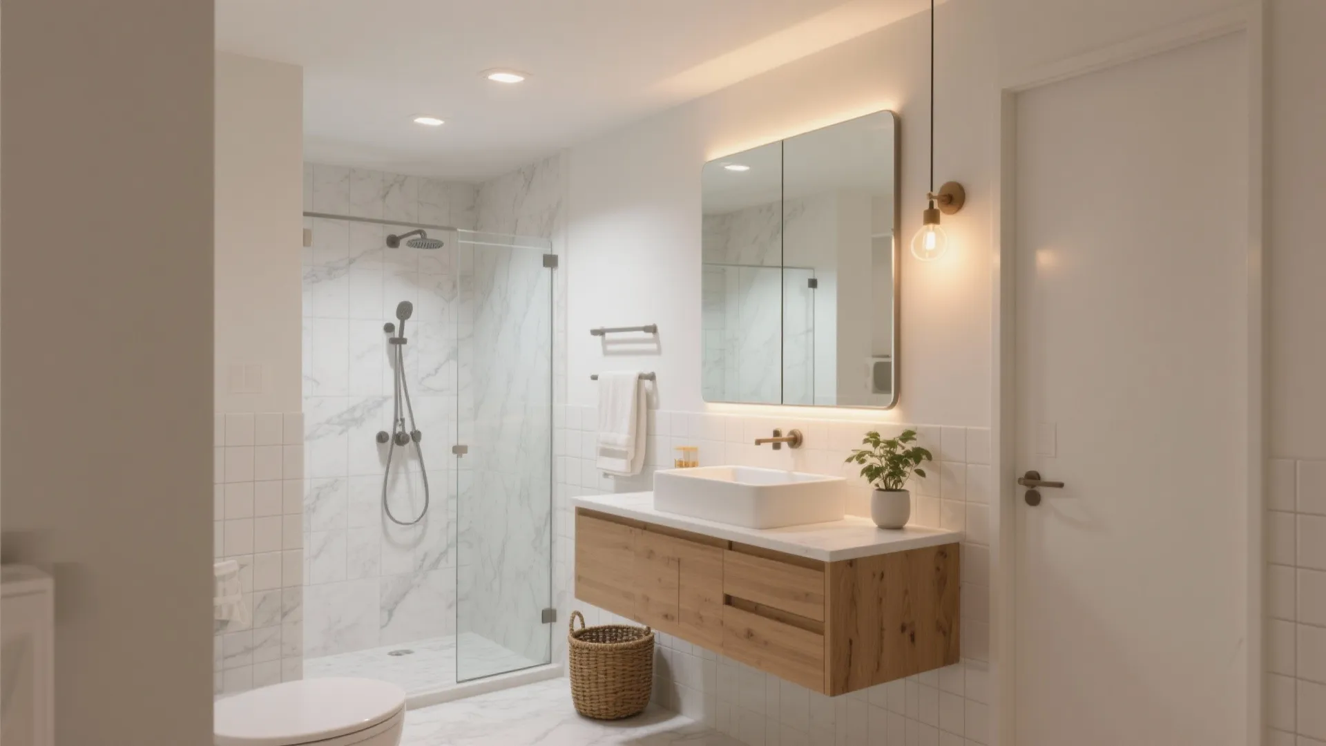 Bright bathroom interior with wooden floating cabinet and sink plus a glass door walk-in shower