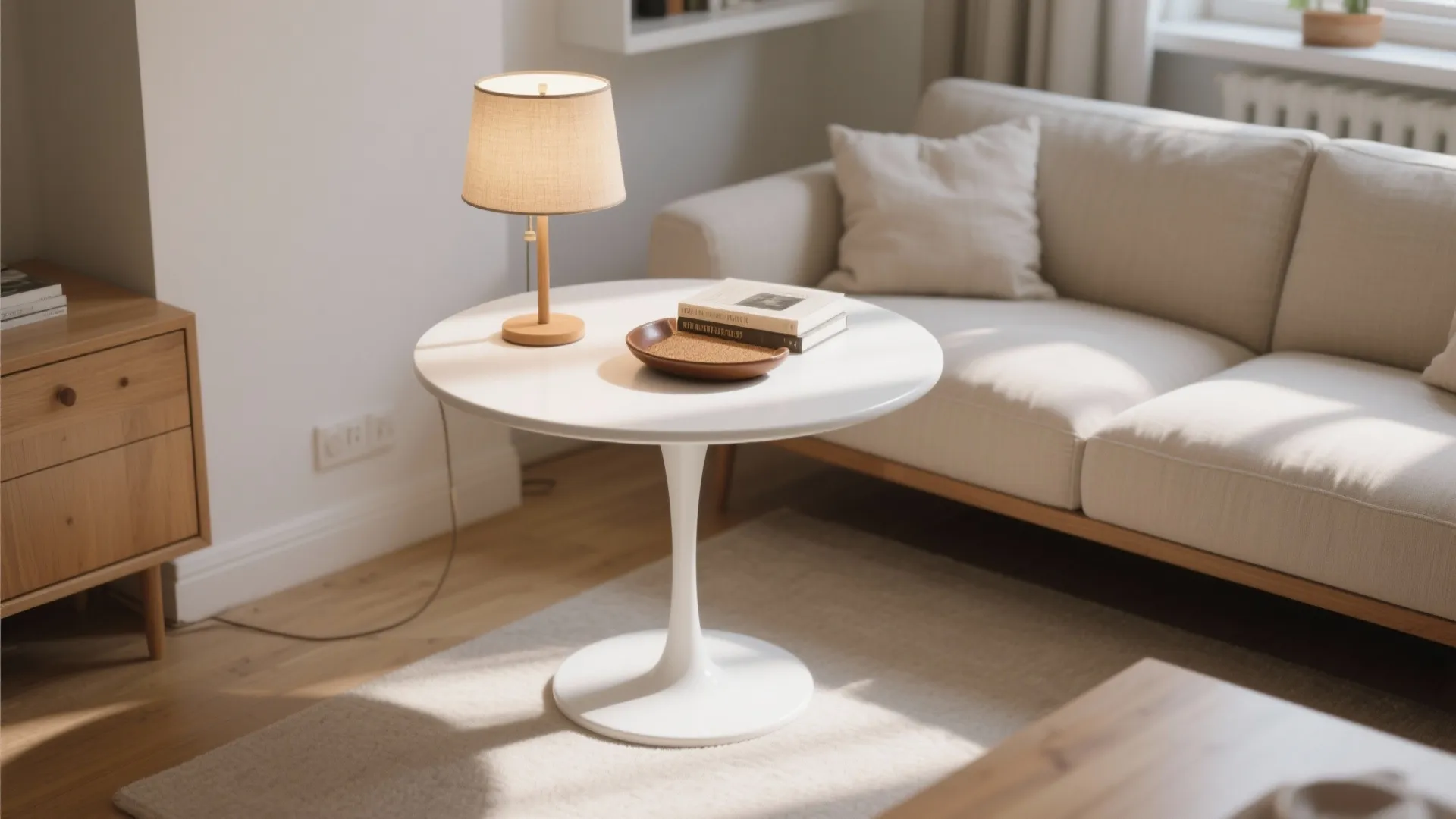 Modern white round side table with wooden table lamp and books next to beige sofa