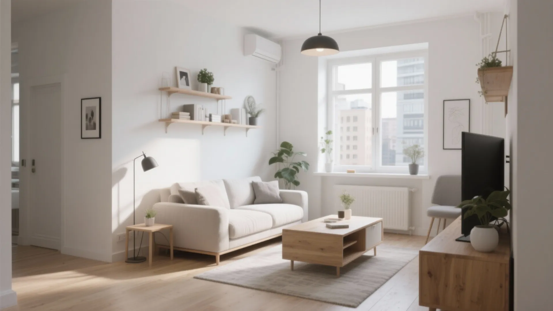 Minimalist white living room with wooden coffee table plus wall shelves and a comfortable sofa