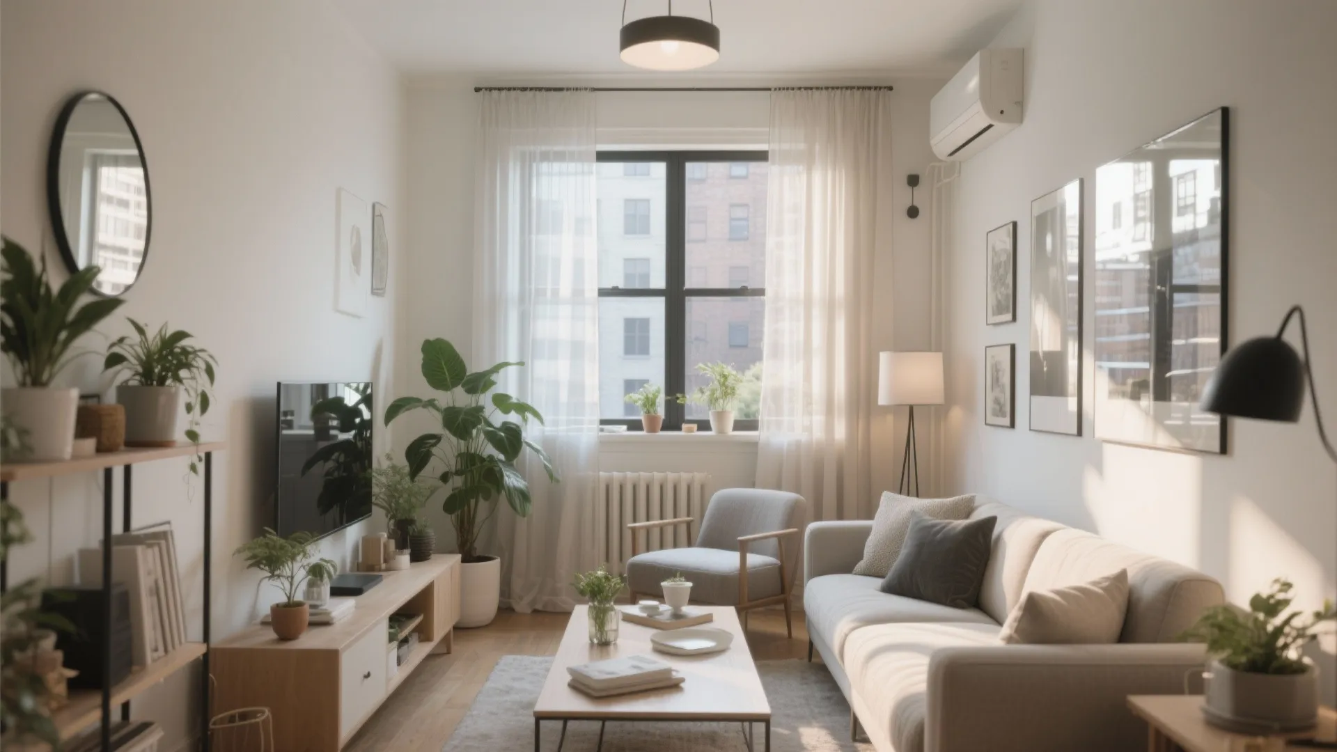 Small apartment living room with grey sofa wooden coffee table white curtains and potted plants