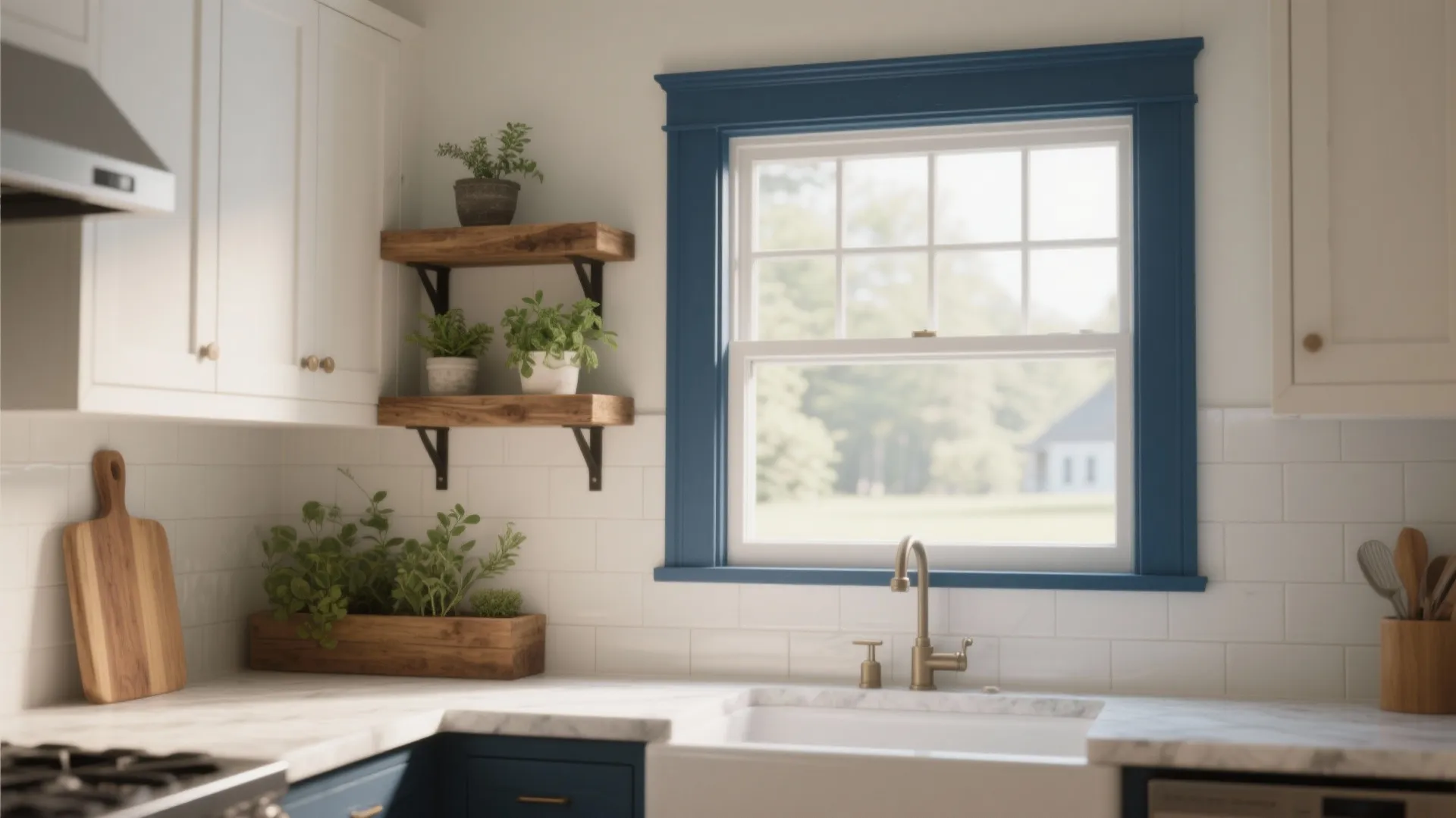 Kitchen scene with dark blue window frame and wooden shelves holding green plants near sink