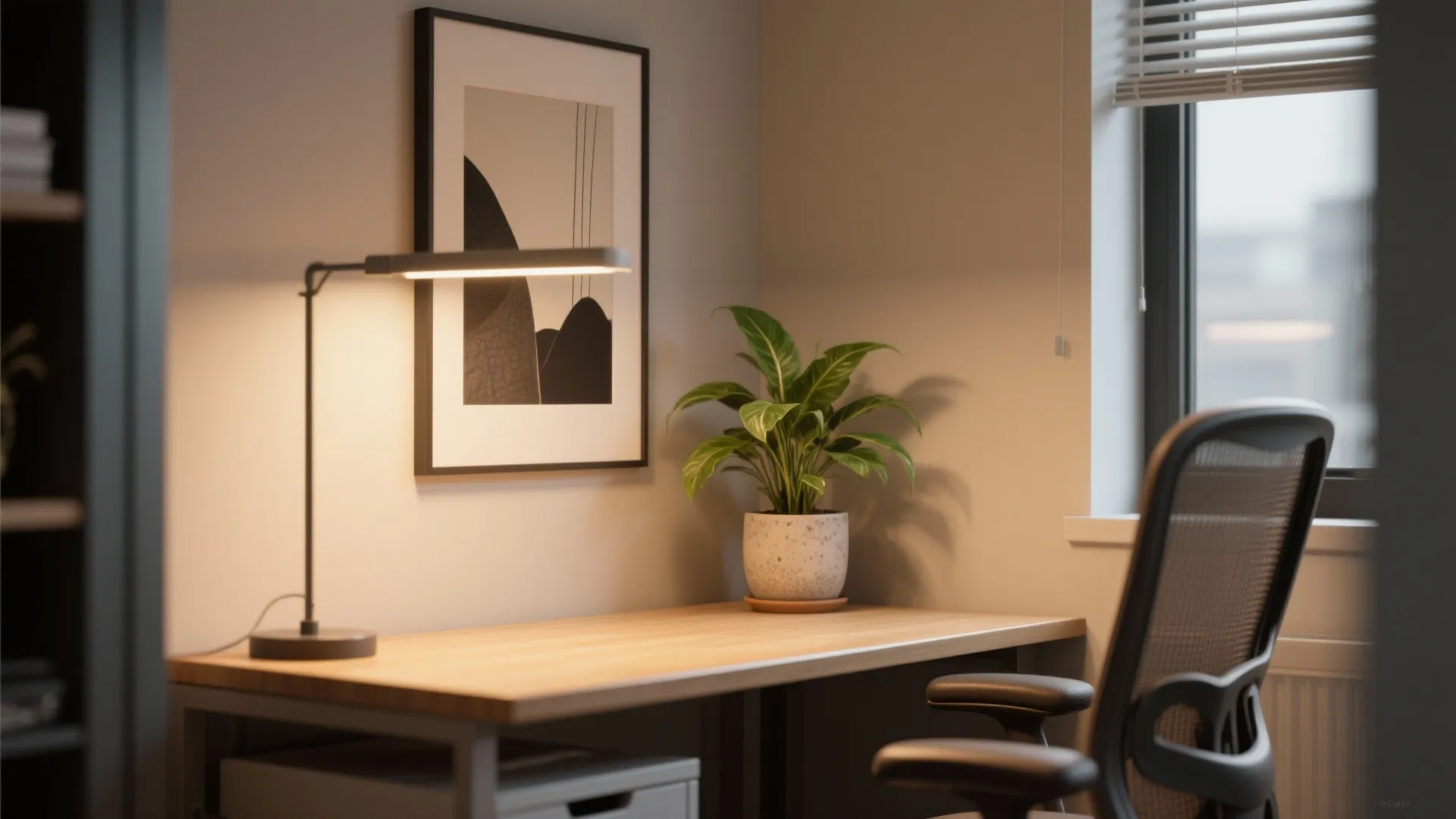 Modern home office workspace with wooden desk black chair table lamp green plant and window