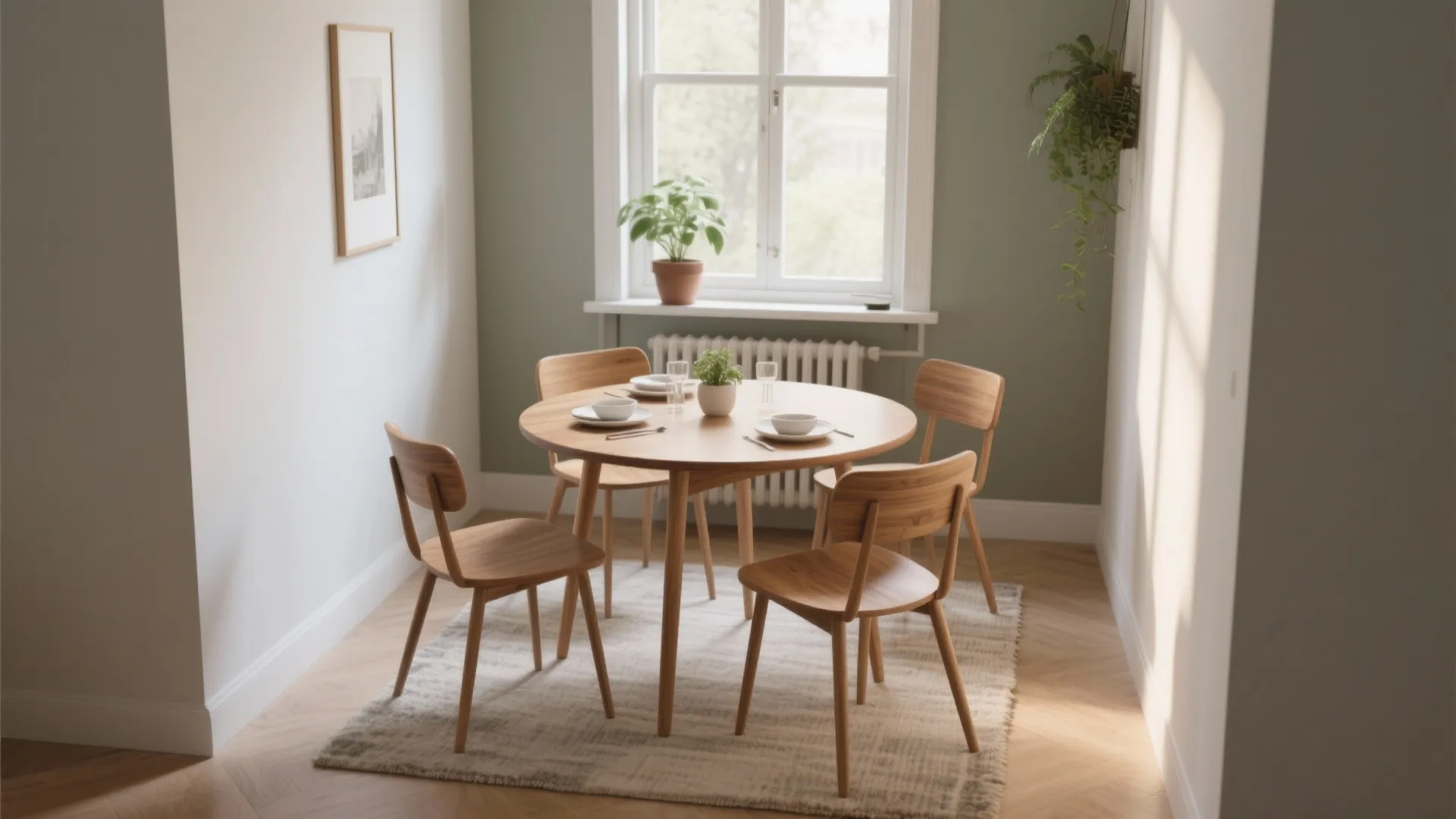 Small round wooden dining table with four chairs on rug near window with natural light