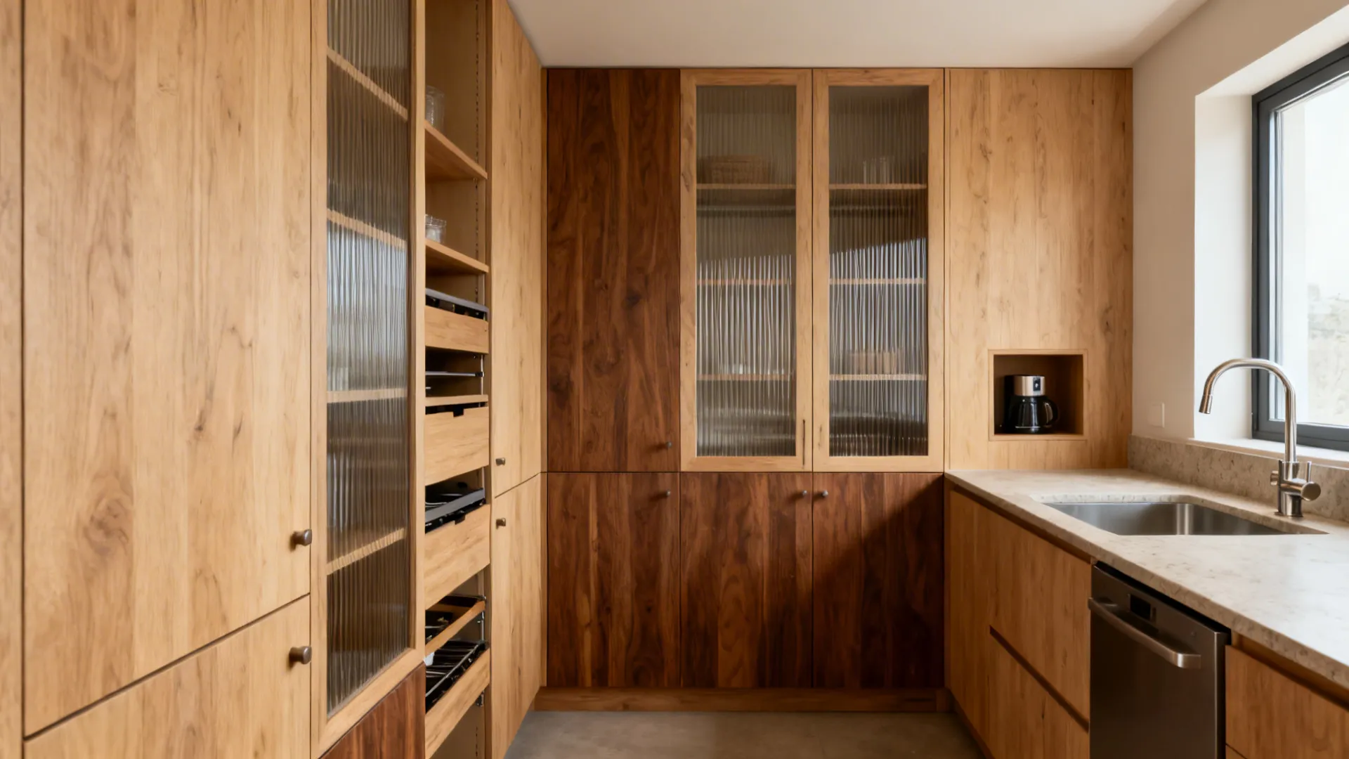 Modern kitchen with wooden cabinets glass doors marble countertop sink faucet dishwasher and bright window
