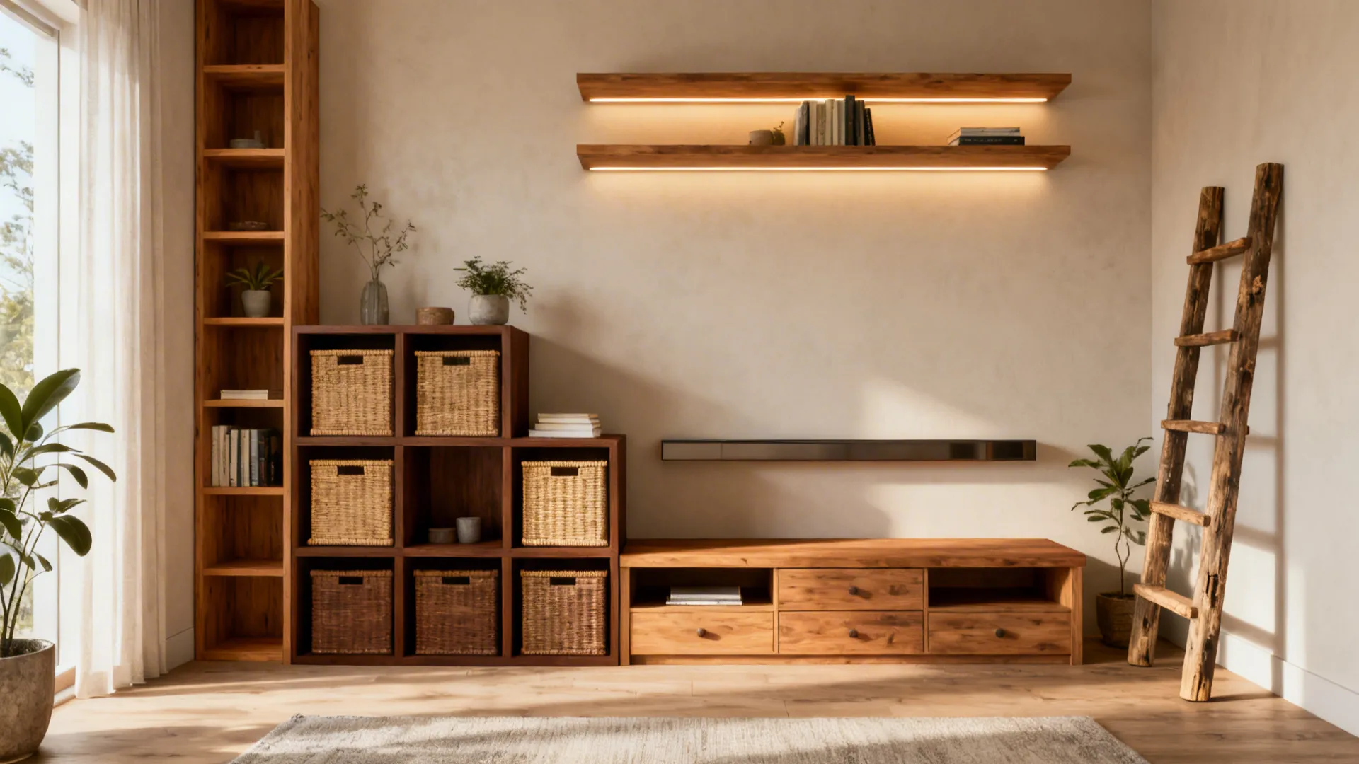 Living room wall with wooden shelves woven baskets decorative ladder and low wooden TV cabinet