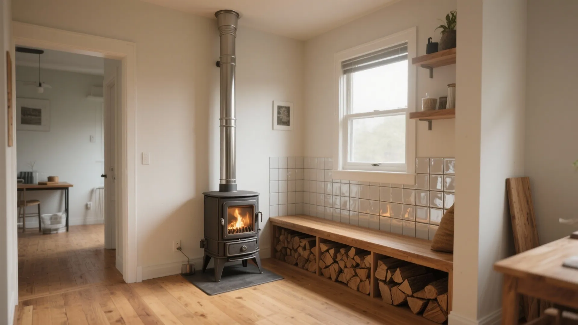 Black wood stove with fire beside wooden bench storing logs in a bright white room