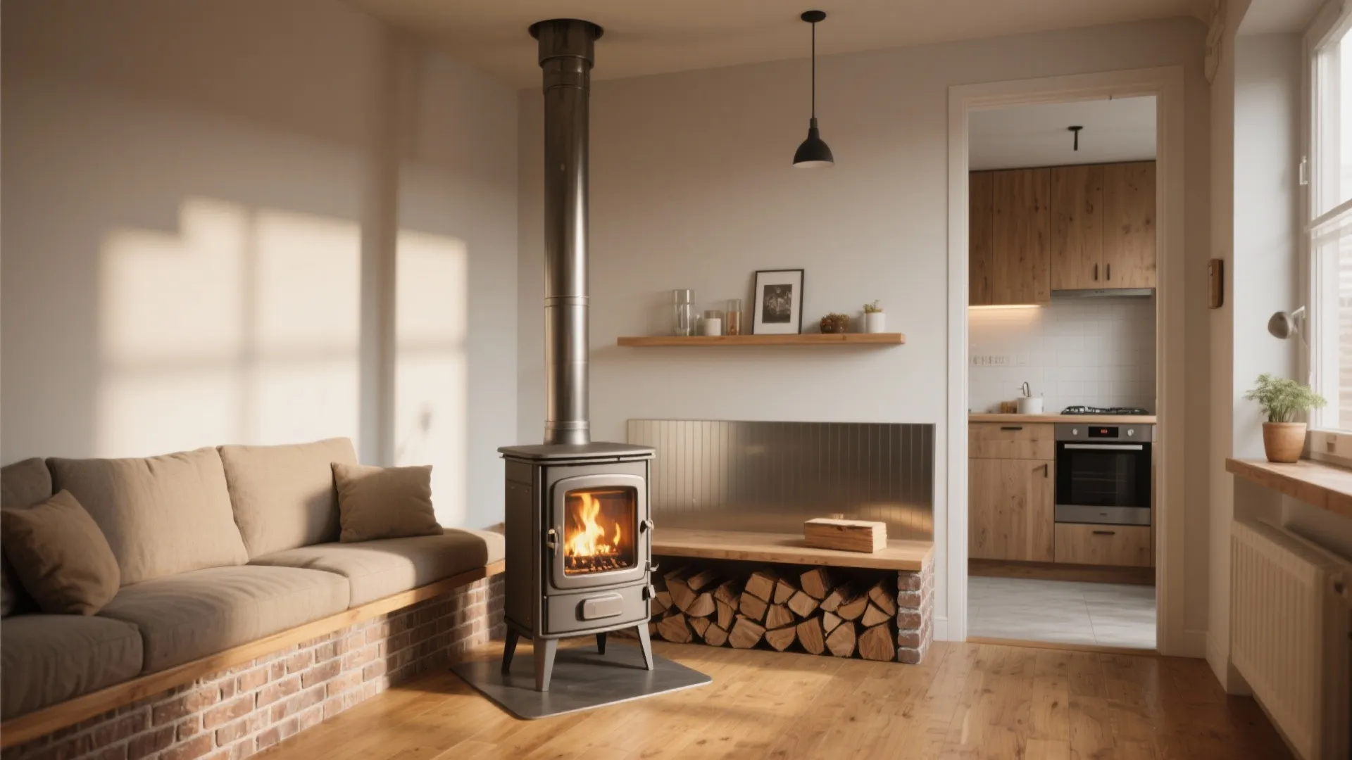 Cozy living room interior with wood burning stove sofa wooden floor and open kitchen view