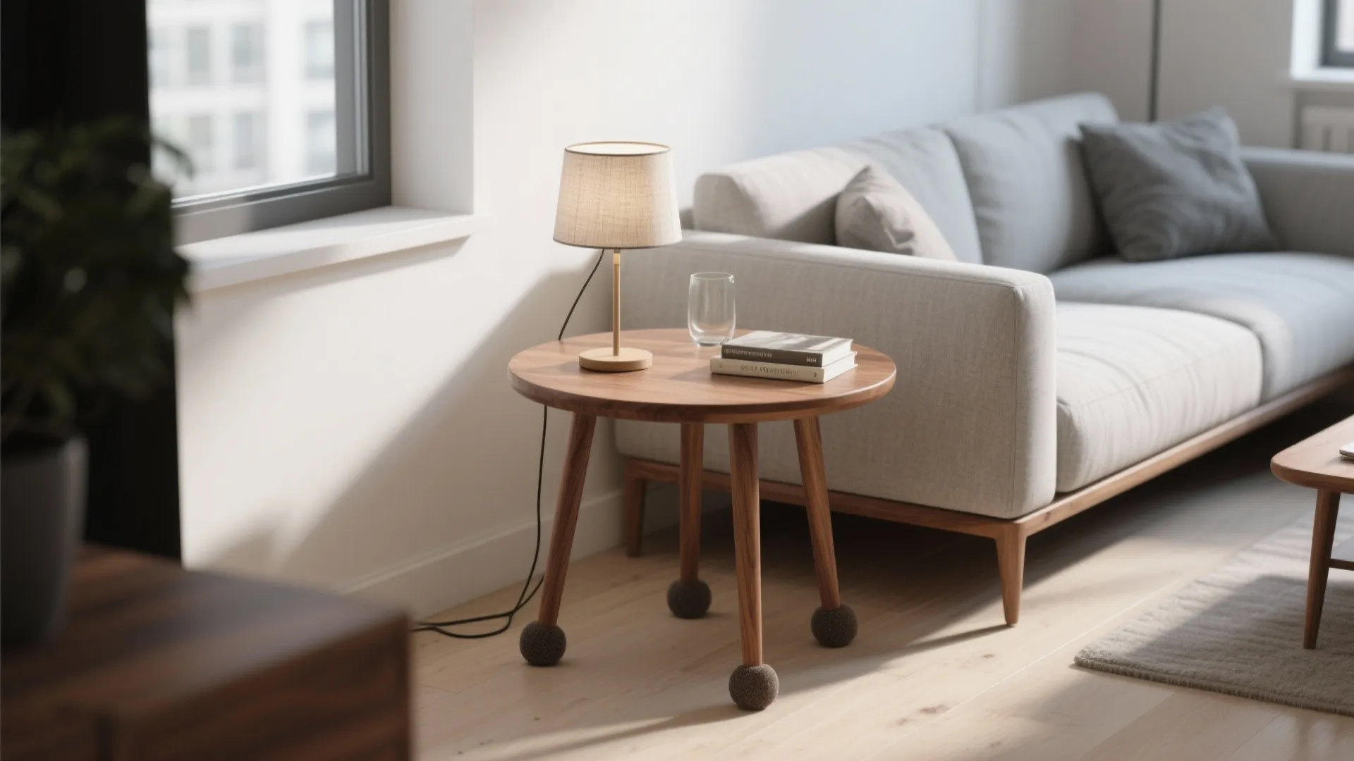 Round wooden side table with a lamp and books next to a comfortable grey sofa