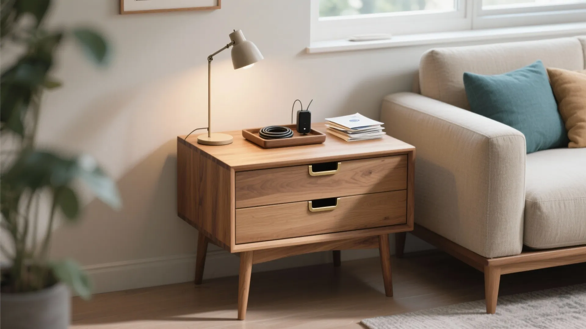 Wood side table with two drawers next to a sofa and a grey desk lamp