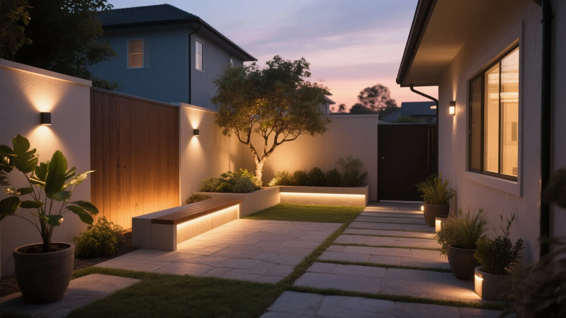 Modern backyard at night with stone walkway wooden bench warm wall lights and small green tree