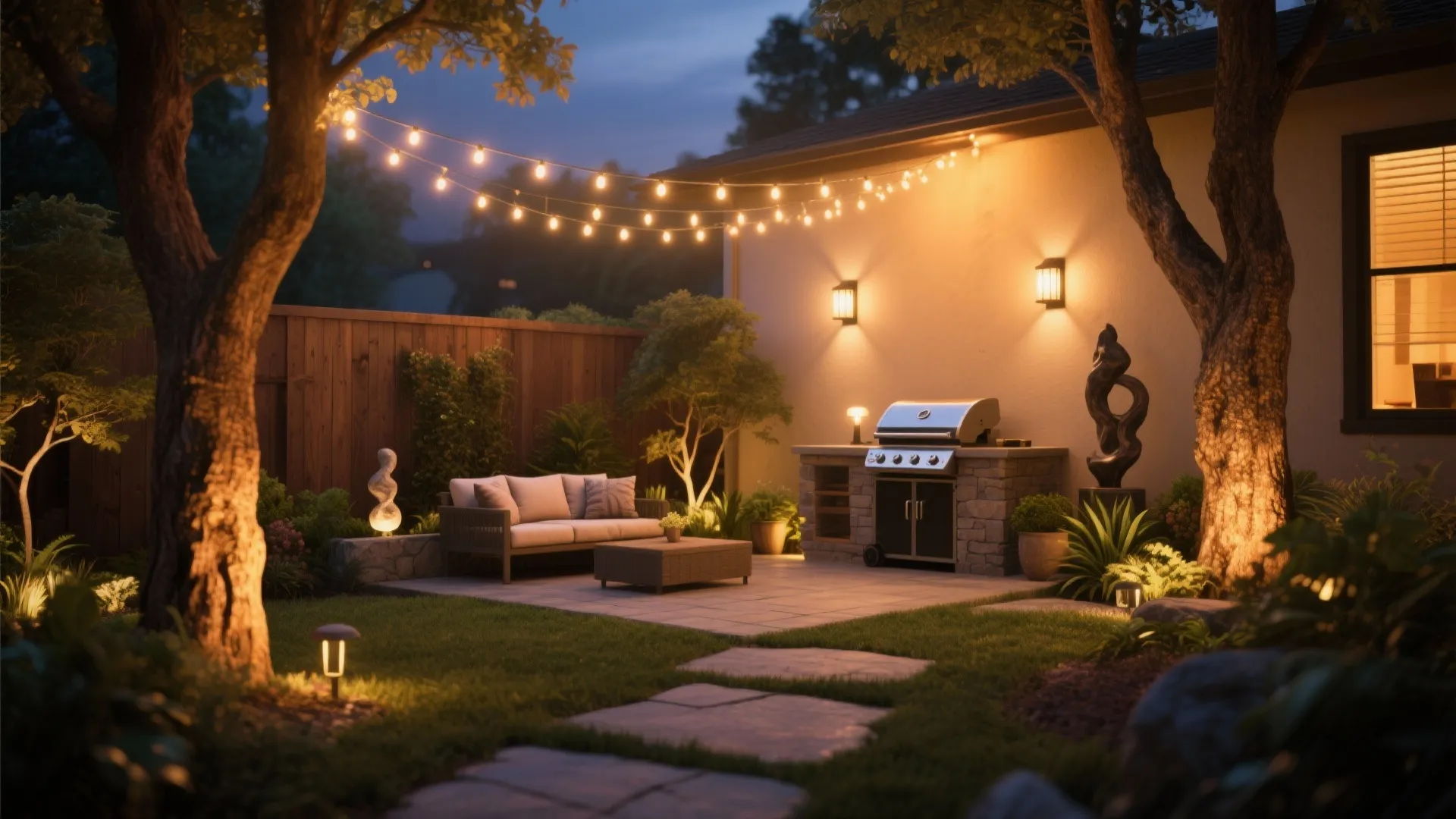 Cozy backyard at night with string lights wall lights sofa grill and a grass lawn