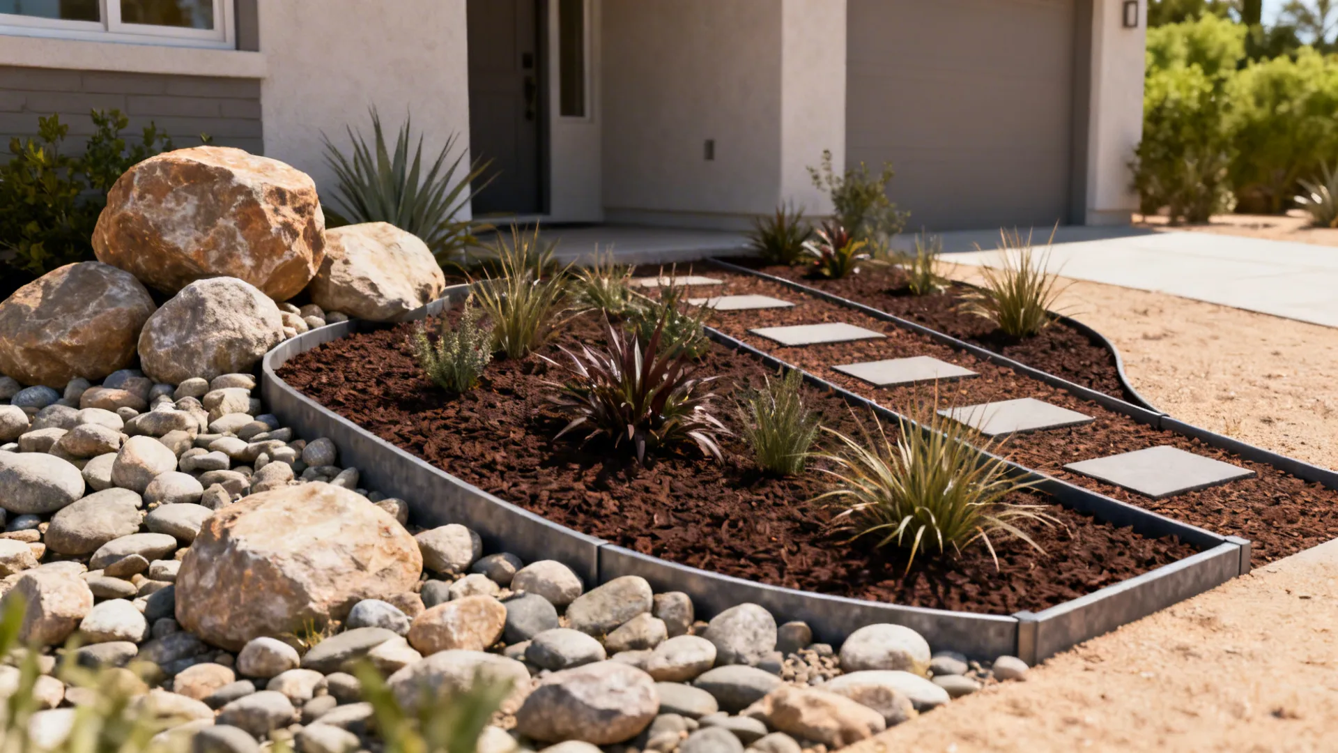 Residential front yard landscape with large rocks wood mulch metal edging and small green plants