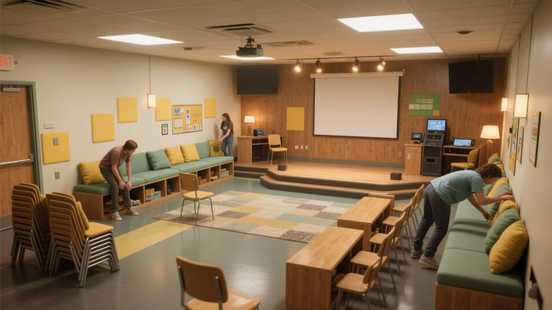 Modern youth activity room with wooden stage large white screen green sofas and yellow chairs furniture