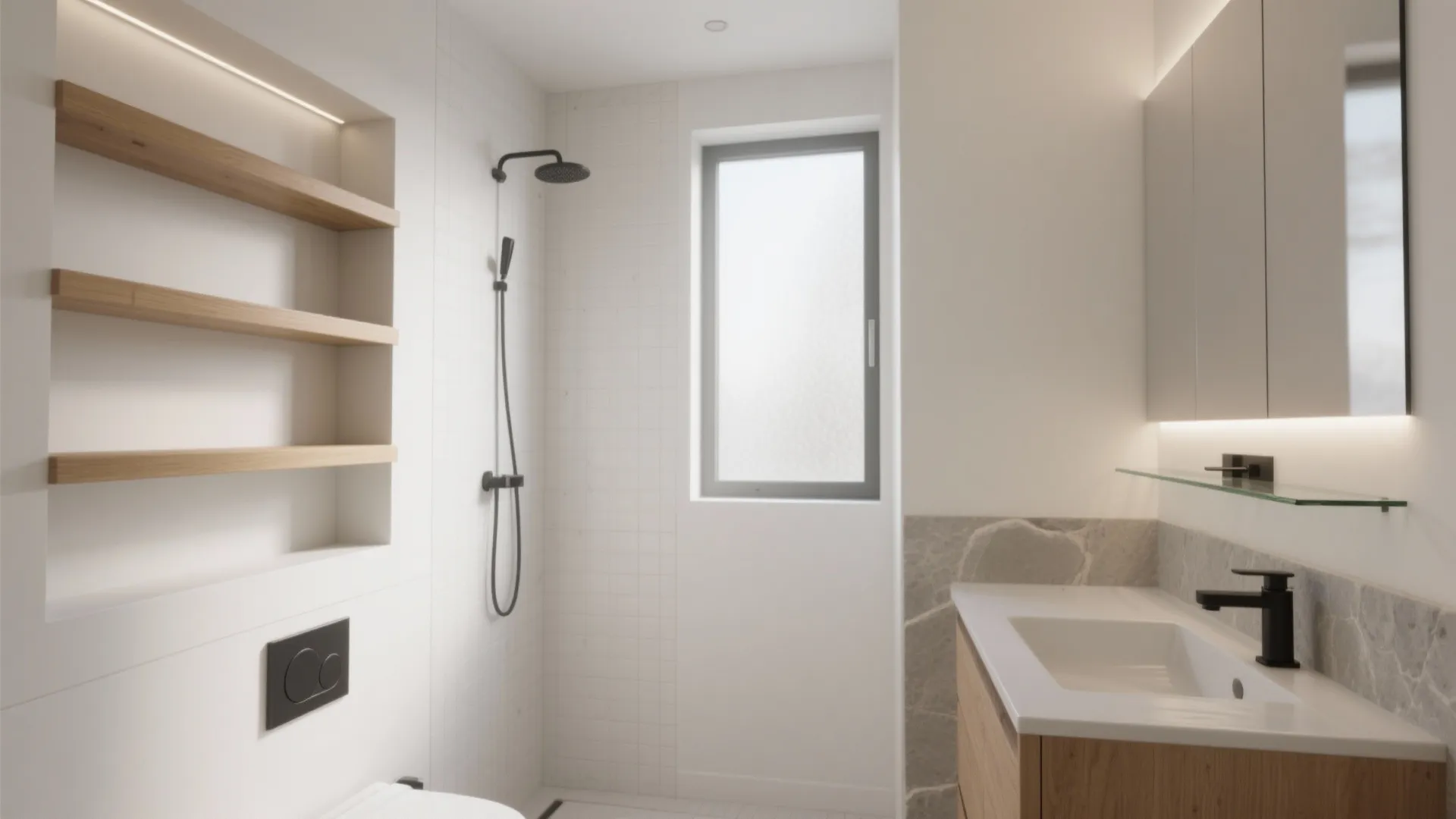 Modern white bathroom with black shower head wooden shelves frosted window and wooden sink vanity