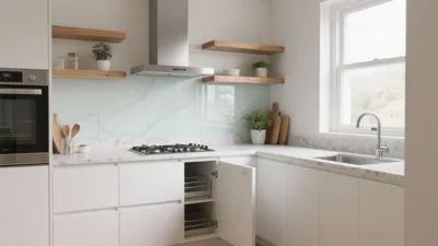 Modern White Kitchen with Marble Backsplash & Smart Storage