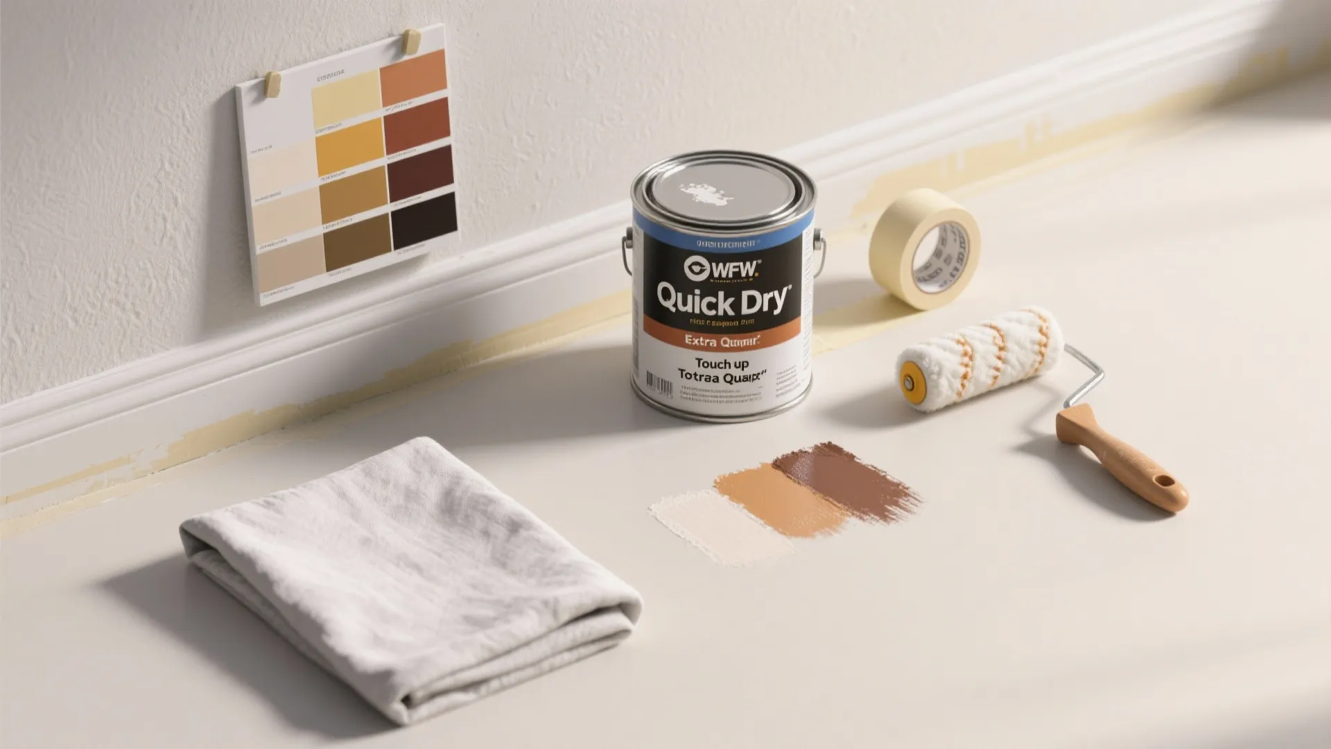 Paint can with roller and tape on floor next to color swatches and paint samples