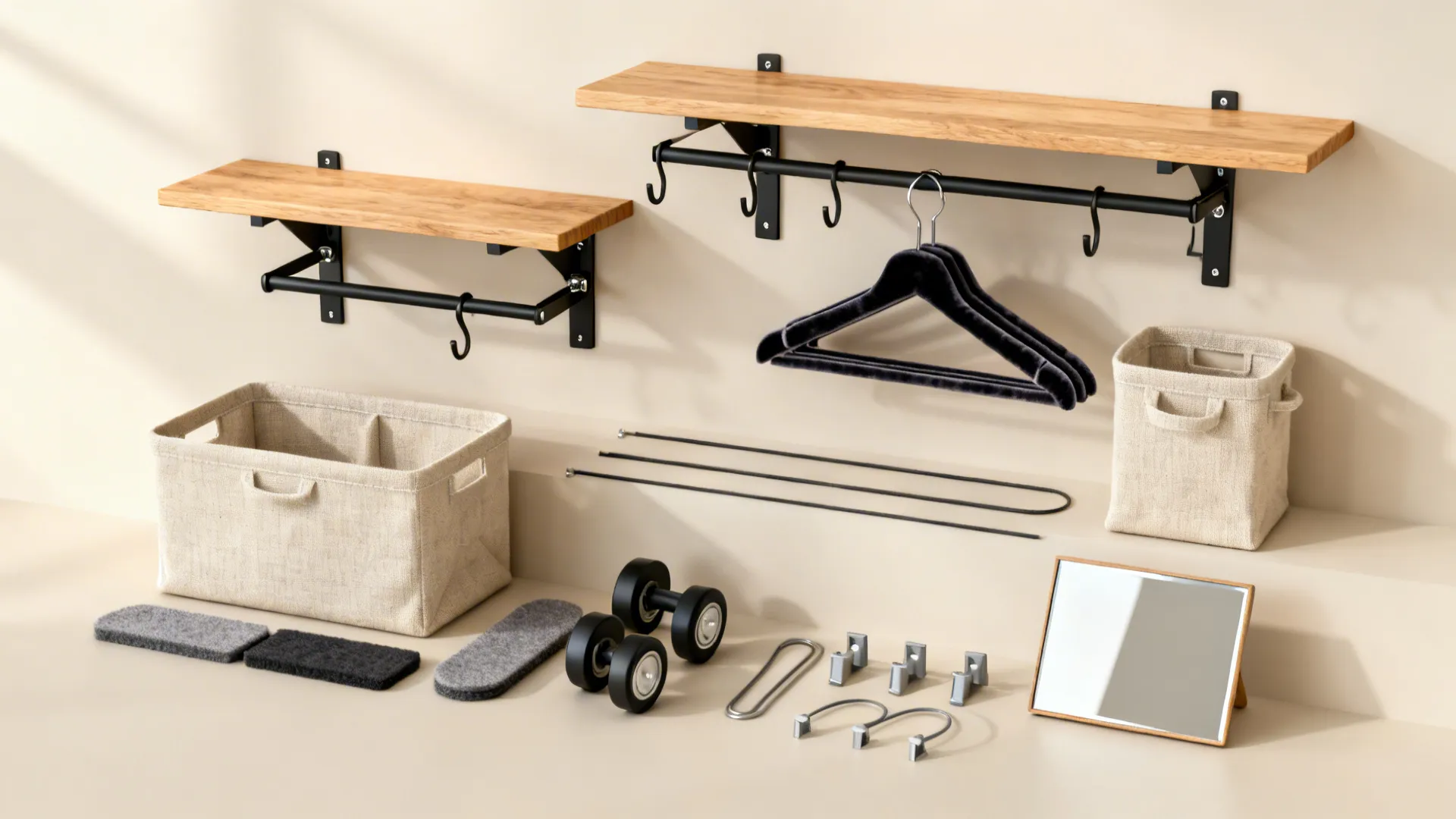 Flat lay of small-space organization materials including shelves, hooks, hinges, bins, and hardware.