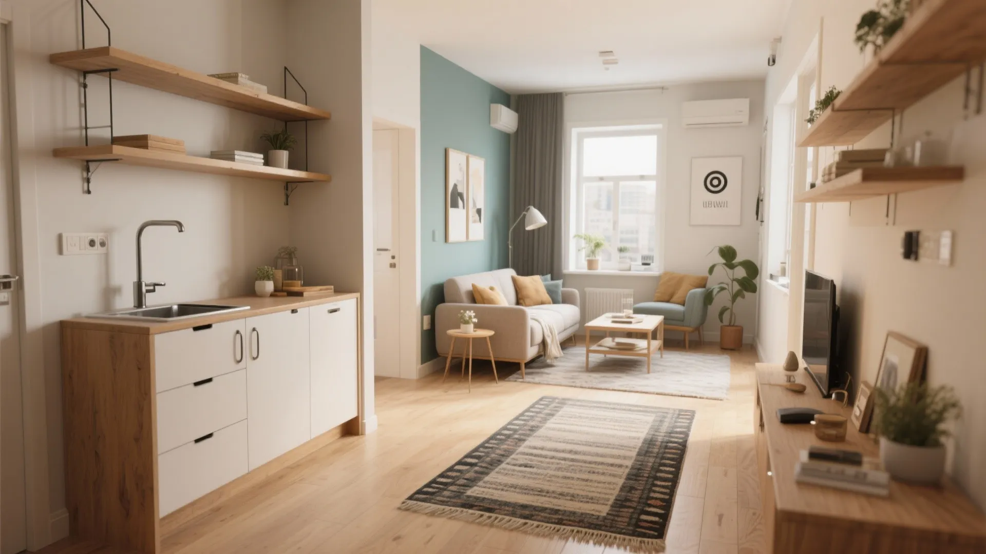 Modern open living room with grey sofa wooden floor white kitchen cabinet and small coffee table