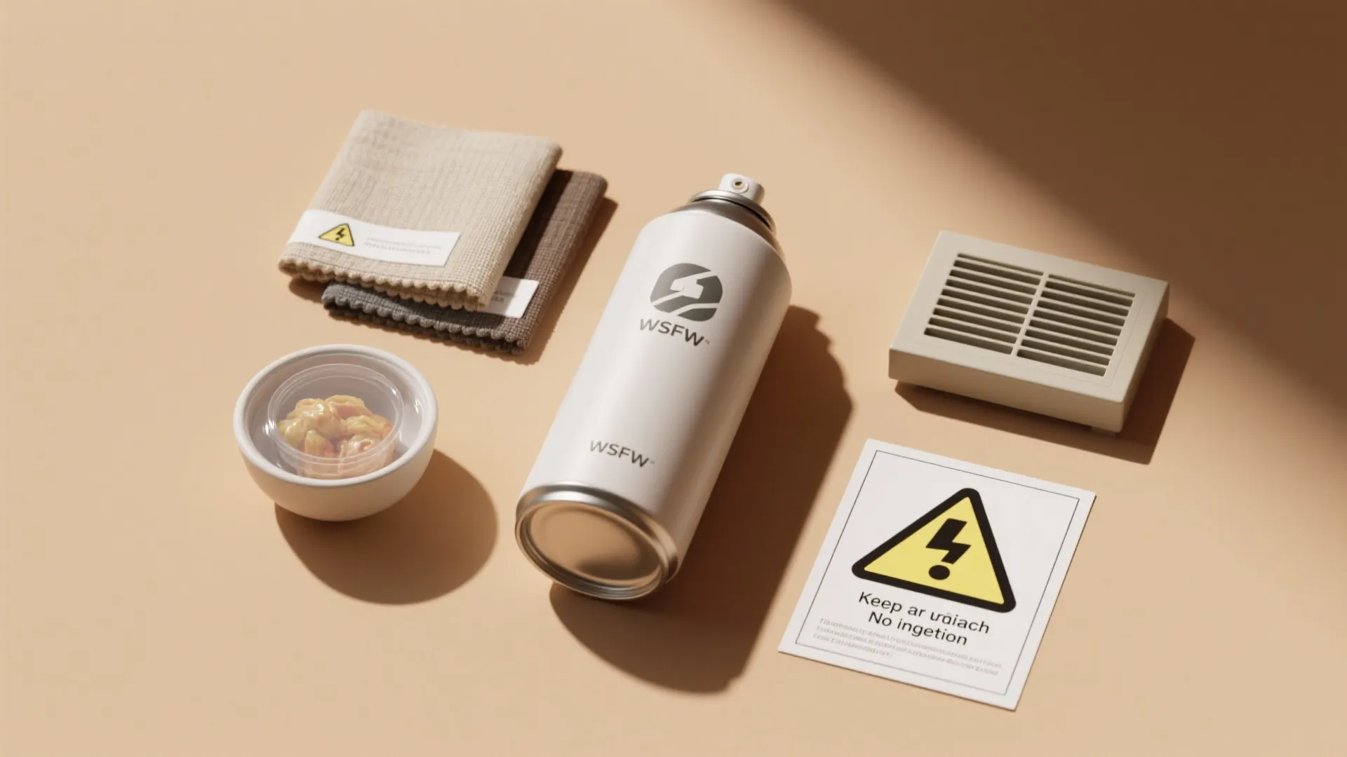 Flatlay showing a compact air neutralizer, fabric swatches, sealed food containers and safety icons for placement guidance.