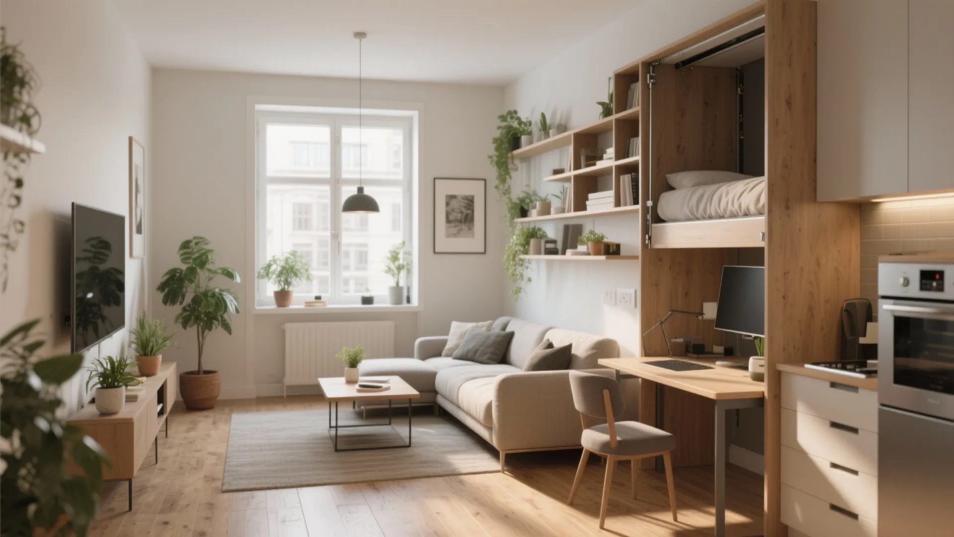 Modern small room with grey sofa wooden coffee table desk bed shelving and bright window