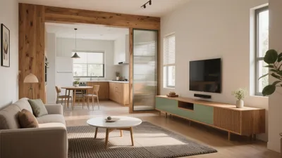 Warm Wood Accent Living Room with Open Kitchen View