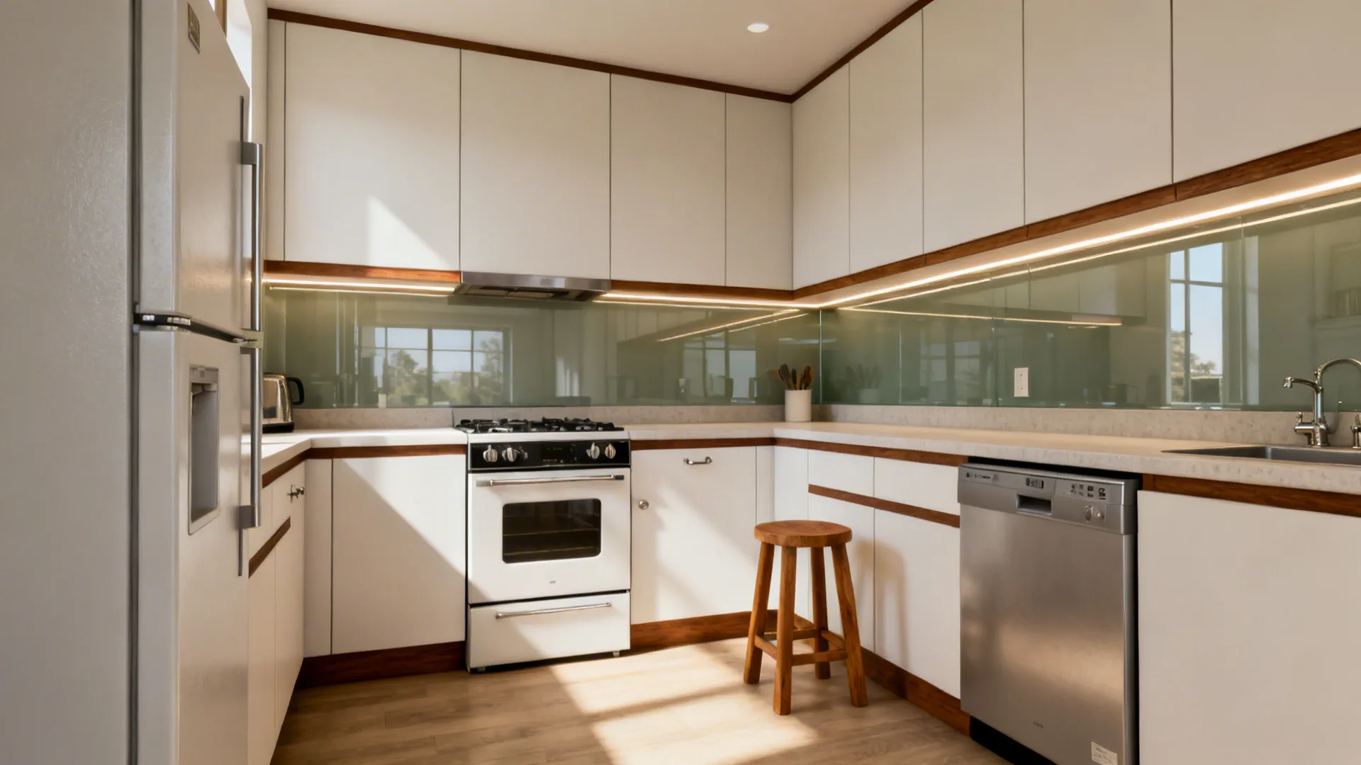White kitchen cabinets with wood trim featuring white oven wooden stool stainless dishwasher and natural sunlight