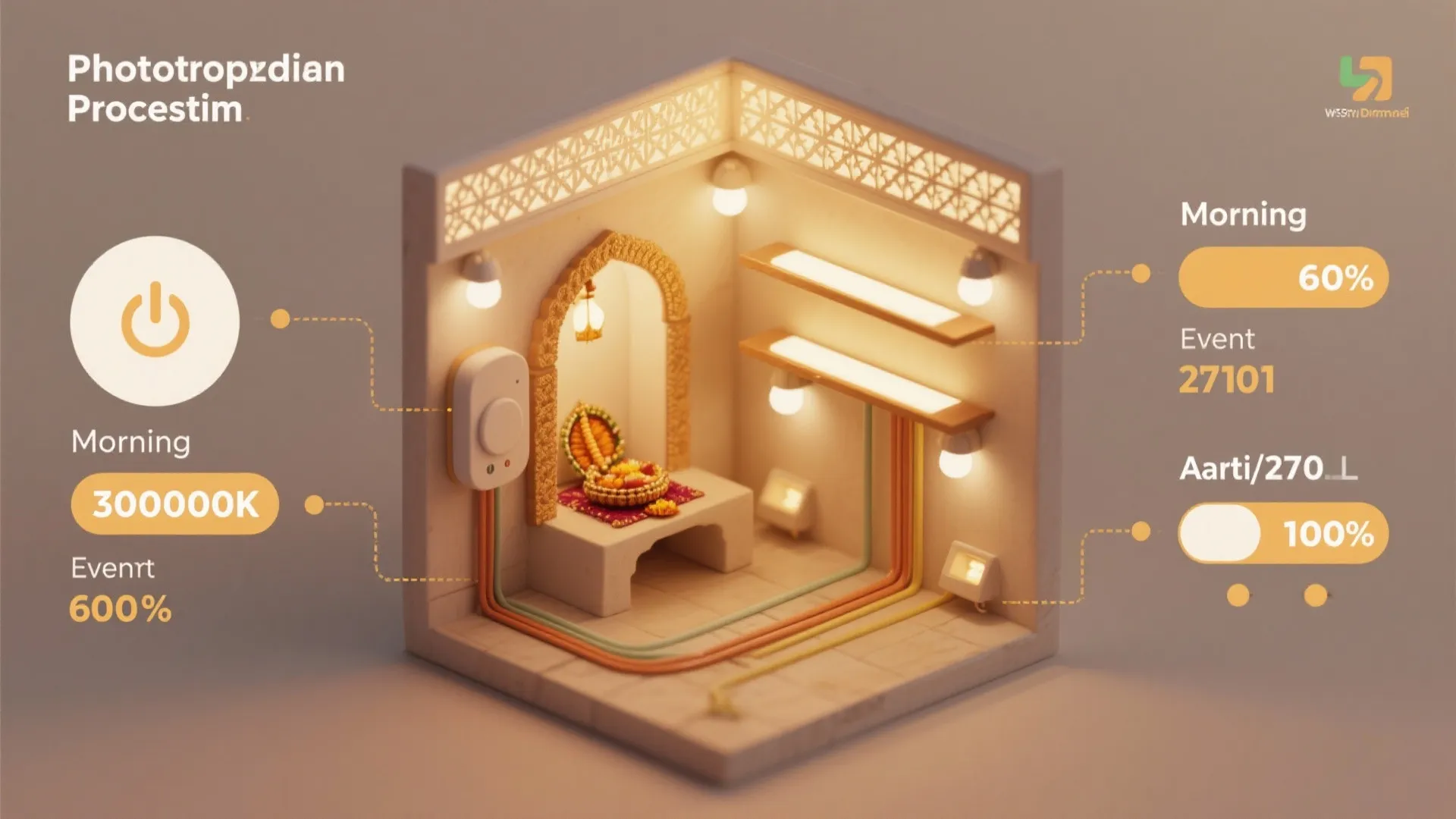 Interior design drawing showing smart home lighting controls for a miniature prayer room with settings