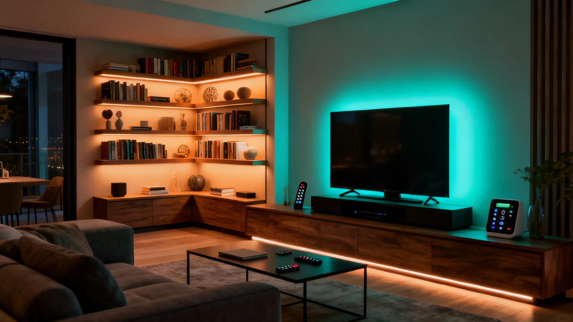 Modern living room with green television backlight and warm light strips on these wooden bookshelves