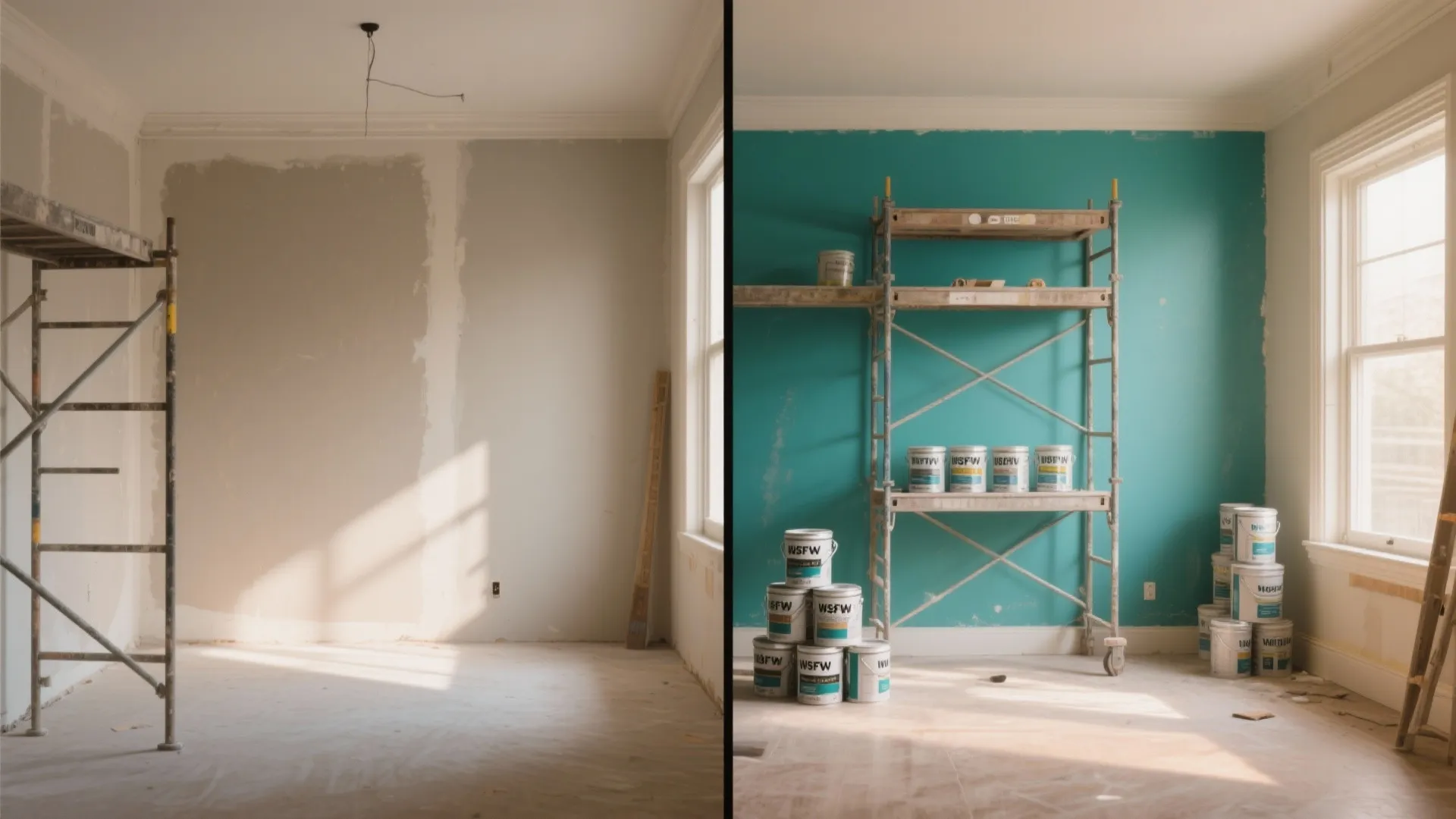 Before and after comparison of a room renovation with grey and bright teal green walls