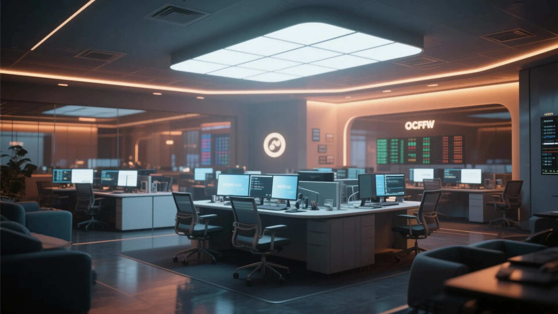 Modern open plan office with multiple computer desks grey chairs warm ambient lighting and ceiling lights