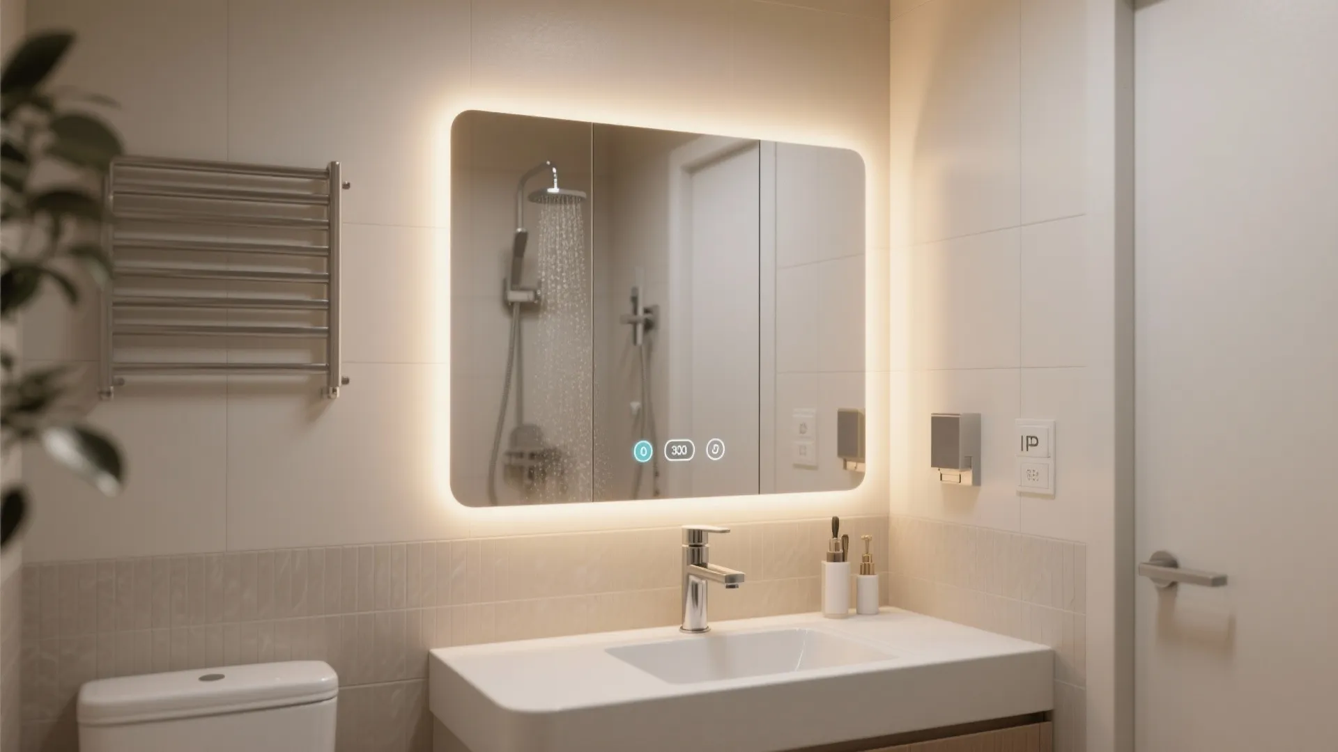 Smart anti-fog mirror with subtle backlit edges in a compact modern bathroom.