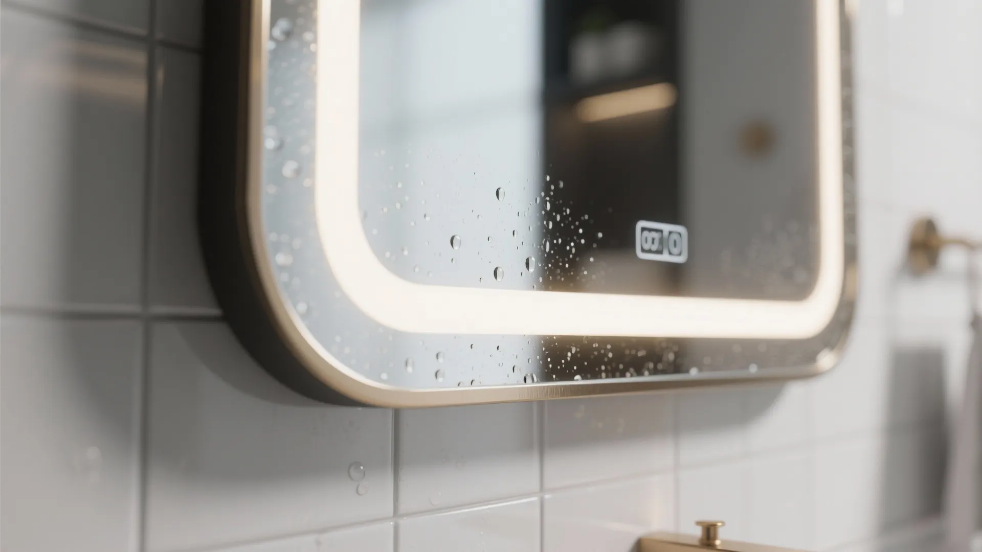 Close up view of glowing bathroom mirror with water drops on surface and white tiles