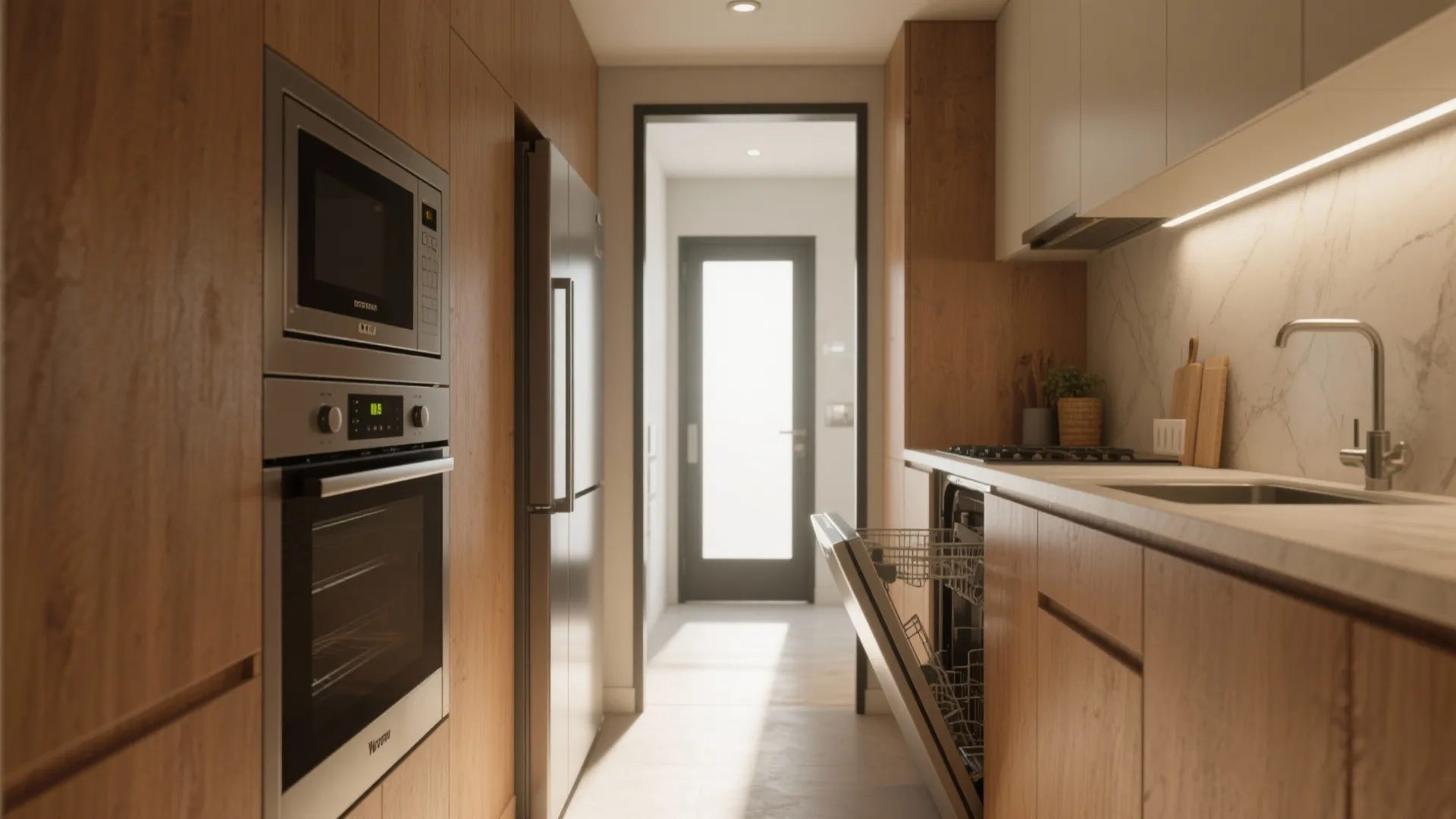 Narrow kitchen with wood cabinets showing built in oven microwave and open dishwasher toward door
